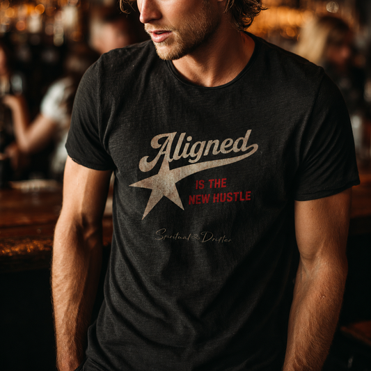 Man wearing Spiritual Drifter Aligned is the New Hustle organic t-shirt during in a bar – spiritual lifestyle aligned conscious living clothing.