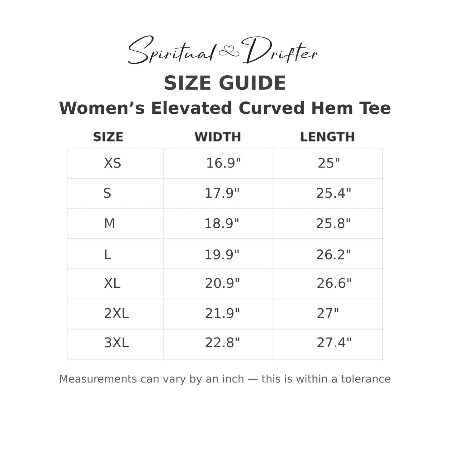 Size guide for Women's Elevated Curved Hem Tee by Spiritual Drifter on a white background