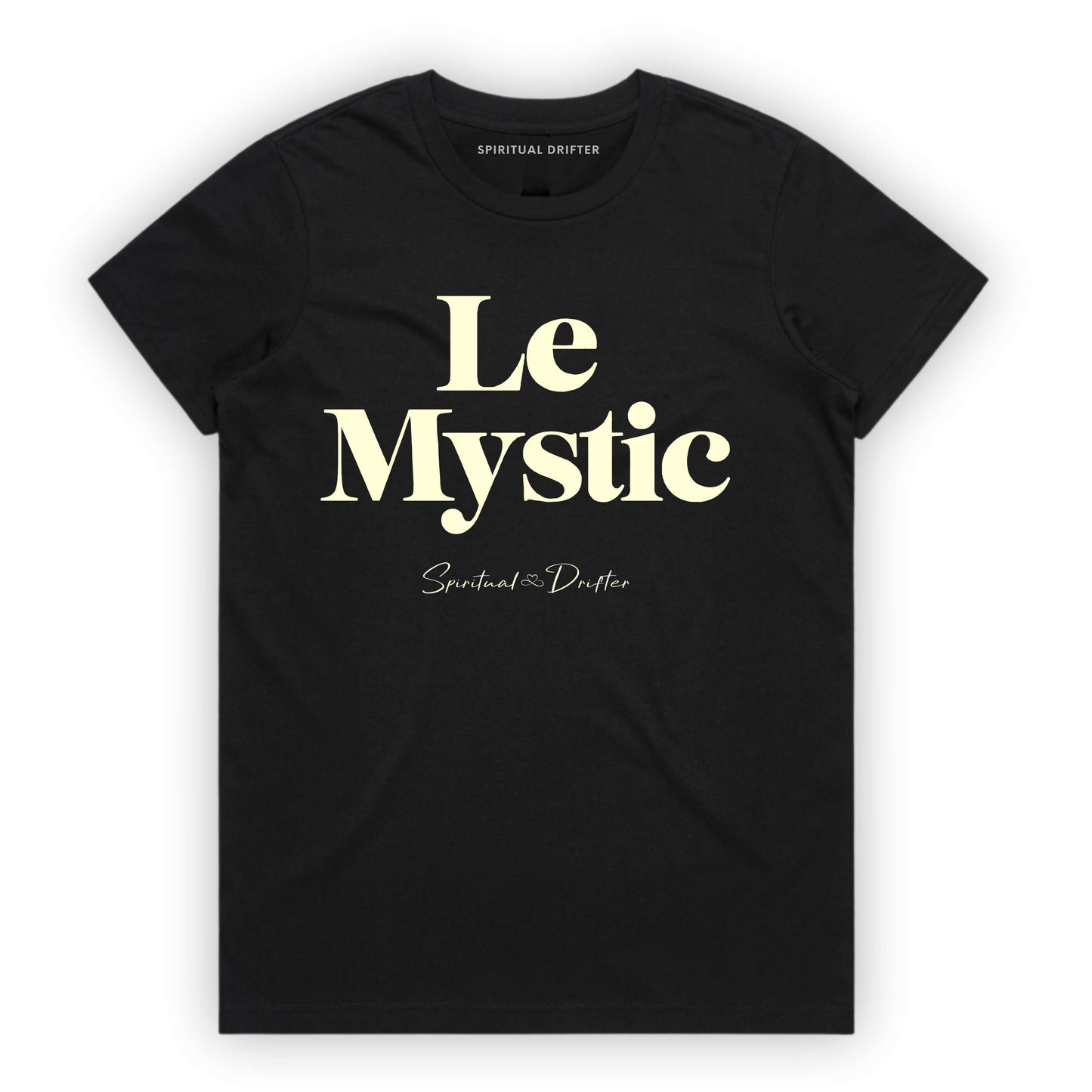 Spiritual Drifter “Le Mystic” graphic feminine 100% cotton t-shirt in black. Spiritual lifestyle, positive vibes, aligned, positive mindset, conscious living clothing. Spiritual apparel inspired by modern mysticism, meditation, quantum reality, time line shifts, bending reality, manifestation and conscious living. Yoga and meditation clothing for awakened souls.