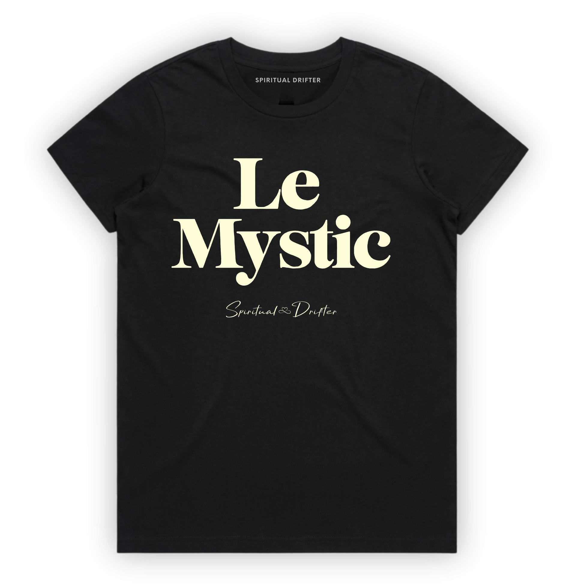 Spiritual Drifter “Le Mystic” graphic feminine 100% cotton t-shirt in black. Spiritual lifestyle, positive vibes, aligned, positive mindset, conscious living clothing. Spiritual apparel inspired by modern mysticism, meditation, quantum reality, time line shifts, bending reality, manifestation and conscious living. Yoga and meditation clothing for awakened souls.