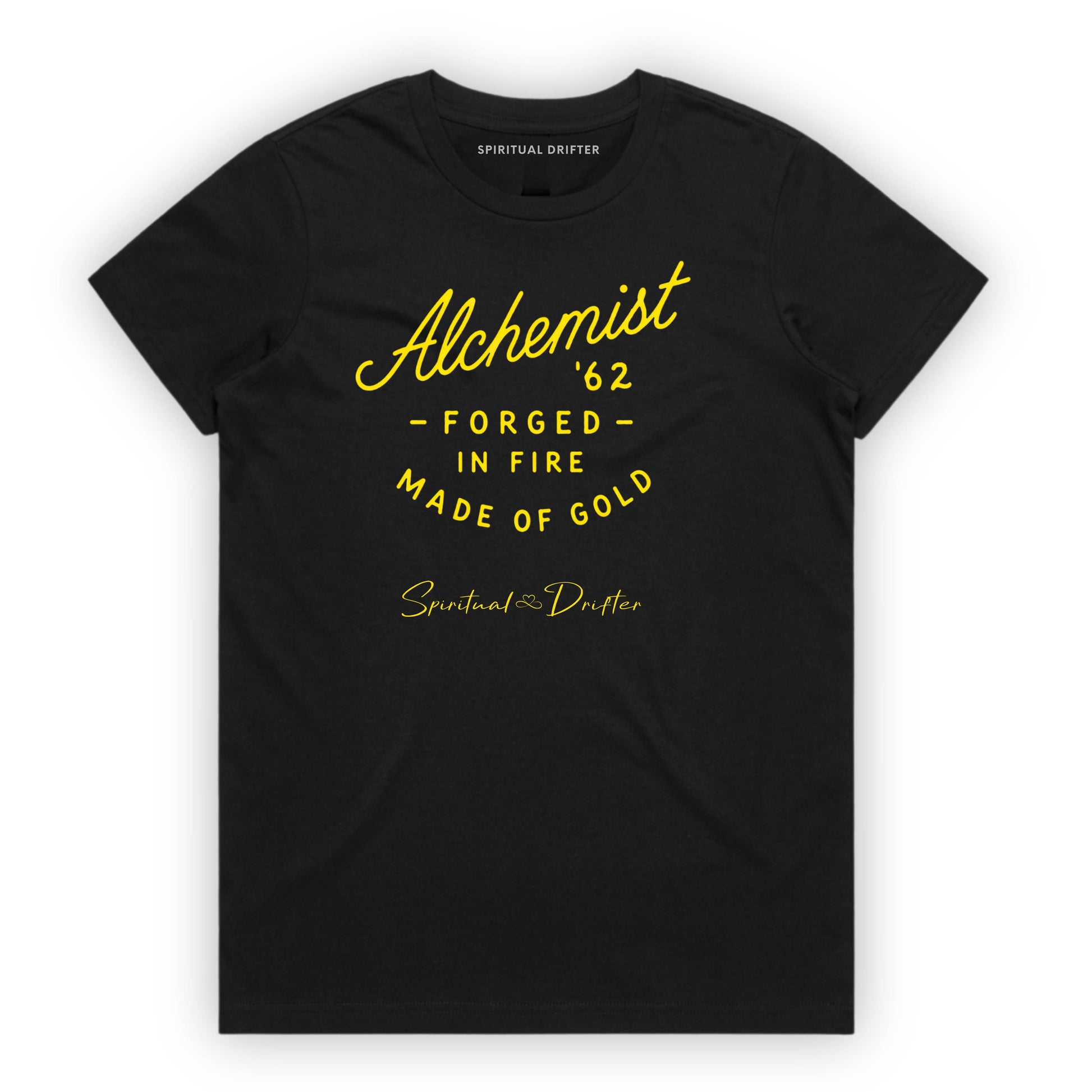 Spiritual Drifter “Alchemist” graphic classic t shirt in black. Elevated spiritual apparel inspired by meditation, mindfulness, yoga, positive vibes, law of attraction and conscious living. Become the Alchemist, forged in fire in this elevated natural fashion tee for women.