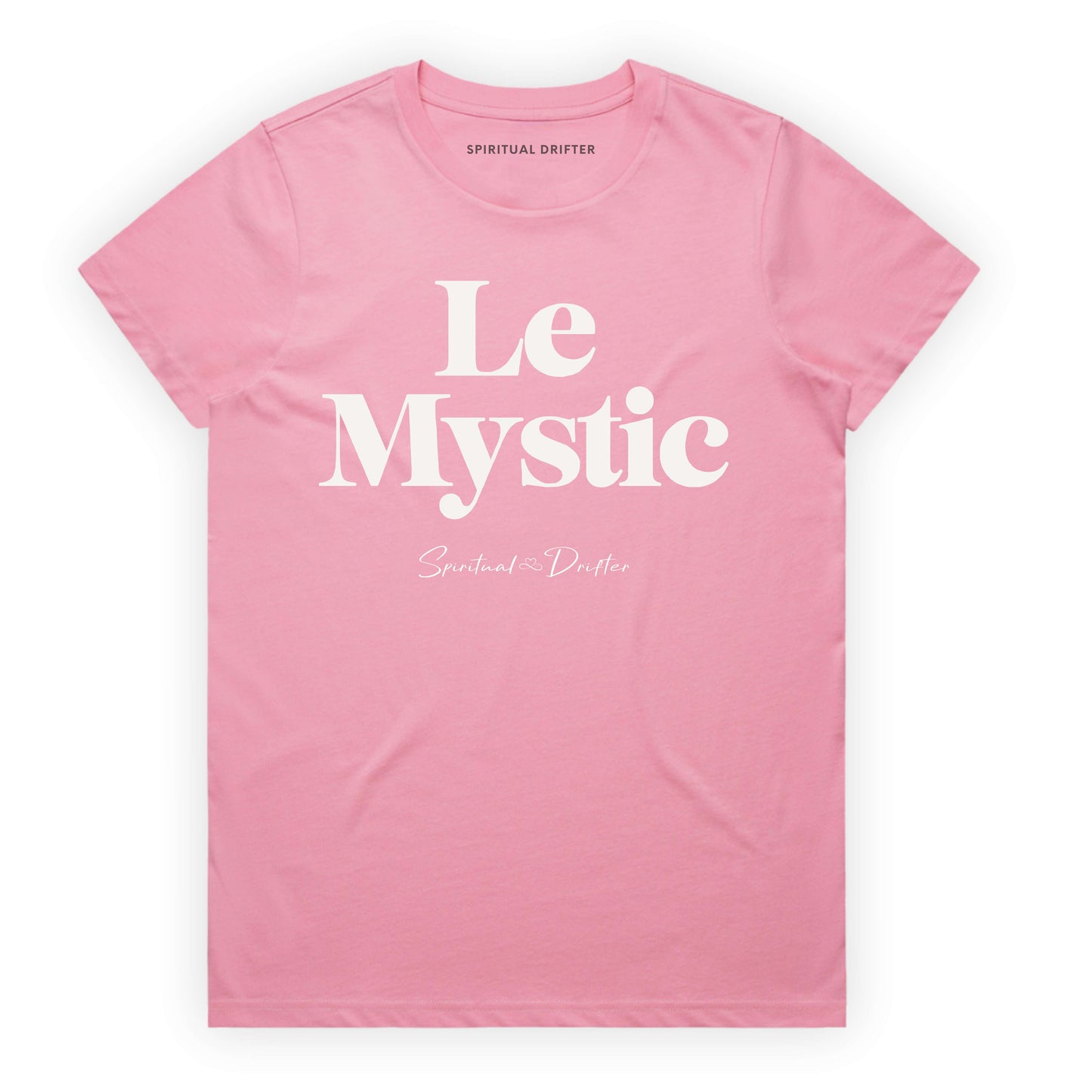 Spiritual Drifter “Le Mystic” graphic feminine 100% cotton t-shirt in bubblegum pink. Spiritual lifestyle, positive vibes, aligned, positive mindset, conscious living clothing. Spiritual apparel inspired by modern mysticism, meditation, quantum reality, time line shifts, bending reality, manifestation and conscious living. Yoga and meditation clothing for awakened souls.