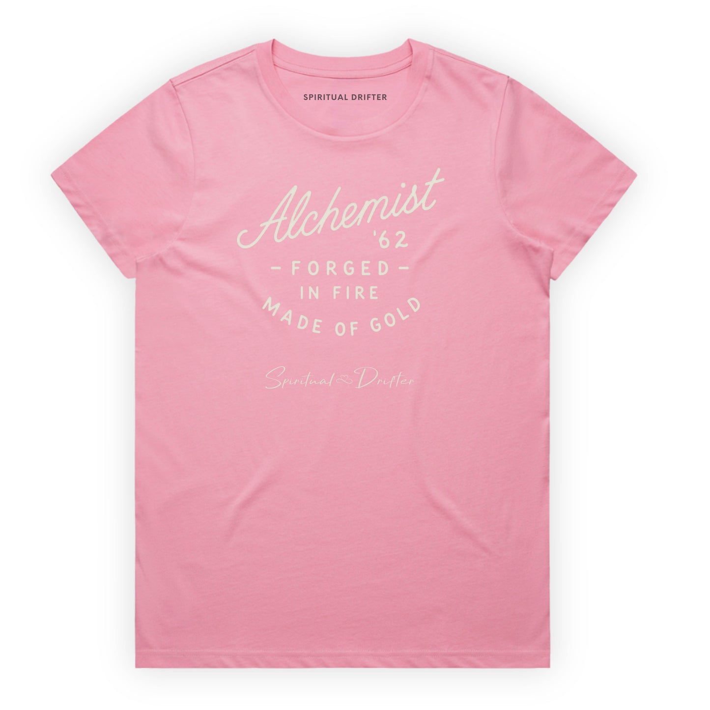 Spiritual Drifter “Alchemist” graphic classic t shirt in pink. Elevated spiritual apparel inspired by meditation, mindfulness, yoga, positive vibes, law of attraction and conscious living. Become the Alchemist, forged in fire in this elevated natural fashion tee for women.