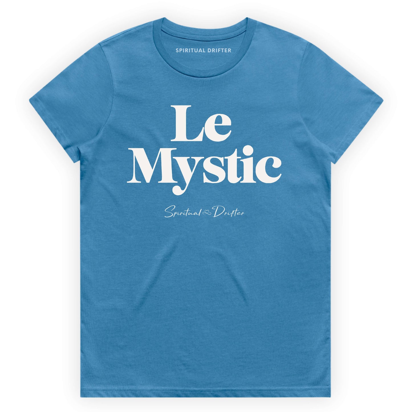 Spiritual Drifter “Le Mystic” graphic feminine 100% cotton t-shirt in hydro blue. Spiritual lifestyle, positive vibes, aligned, positive mindset, conscious living clothing. Spiritual apparel inspired by modern mysticism, meditation, quantum reality, time line shifts, bending reality, manifestation and conscious living. Yoga and meditation clothing for awakened souls.