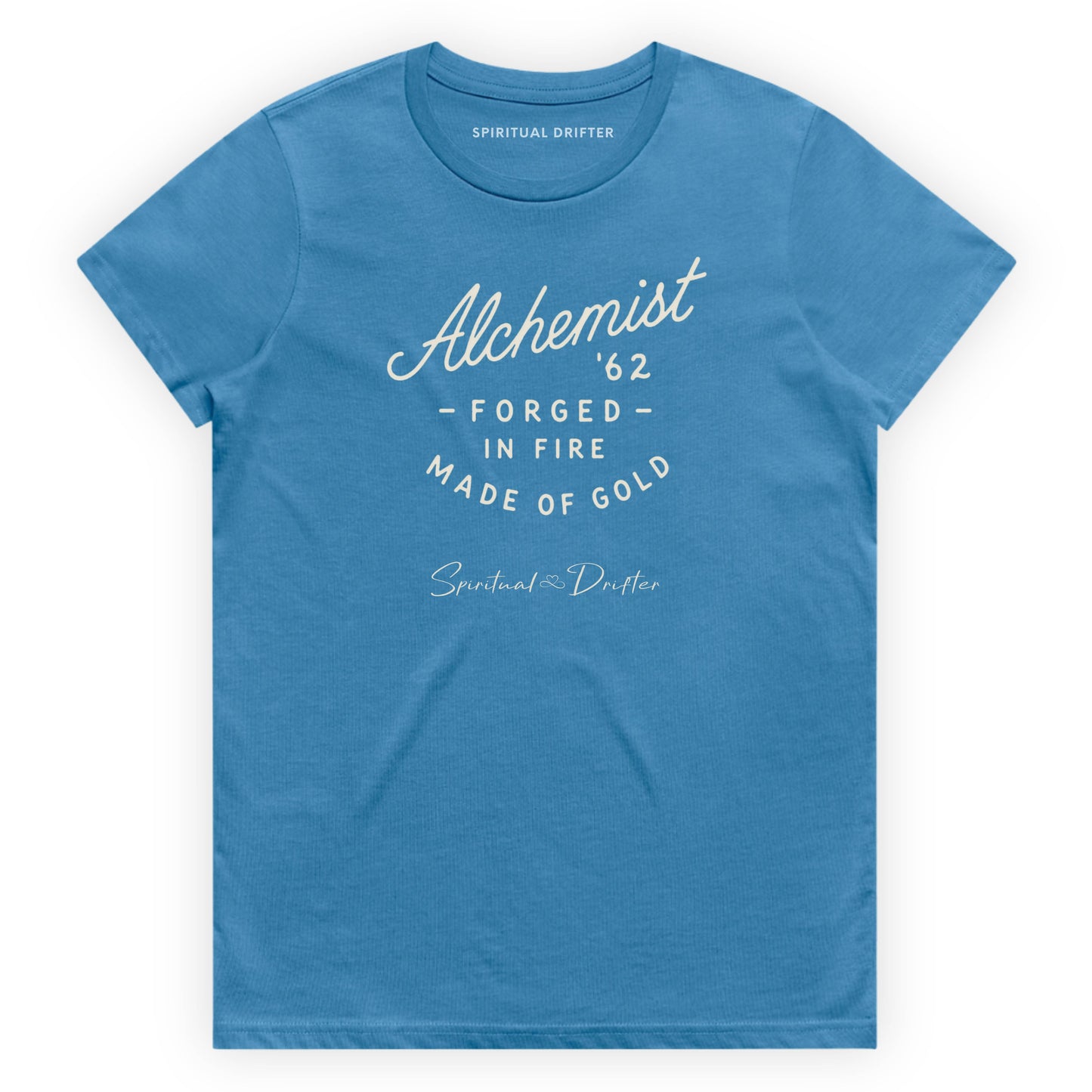 Spiritual Drifter “Alchemist” graphic classic t shirt in hydro. Elevated spiritual apparel inspired by meditation, mindfulness, yoga, positive vibes, law of attraction and conscious living. Become the Alchemist, forged in fire in this elevated natural fashion tee for women.