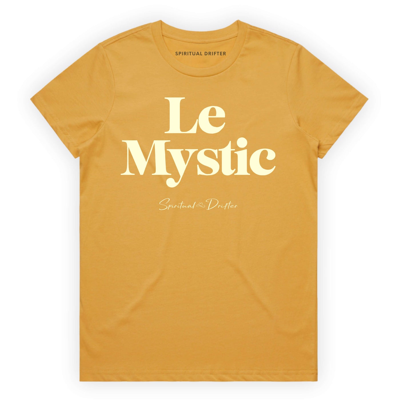 Spiritual Drifter “Le Mystic” graphic feminine 100% cotton t-shirt in mustard. Spiritual lifestyle, positive vibes, aligned, positive mindset, conscious living clothing. Spiritual apparel inspired by modern mysticism, meditation, quantum reality, time line shifts, bending reality, manifestation and conscious living. Yoga and meditation clothing for awakened souls.