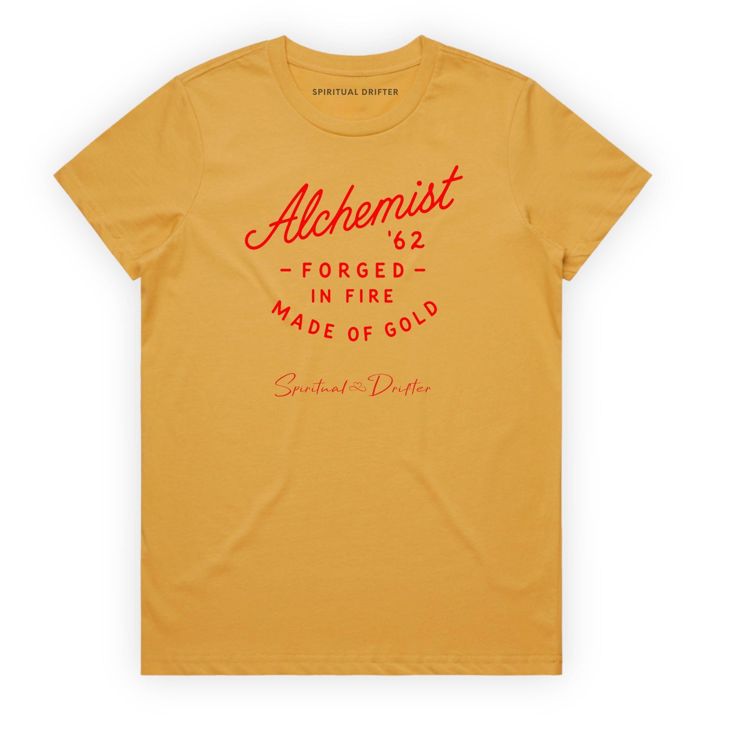 Spiritual Drifter “Alchemist” graphic classic t shirt in mustard yellow. Elevated spiritual apparel inspired by meditation, mindfulness, yoga, positive vibes, law of attraction and conscious living. Become the Alchemist, forged in fire in this elevated natural fashion tee for women.