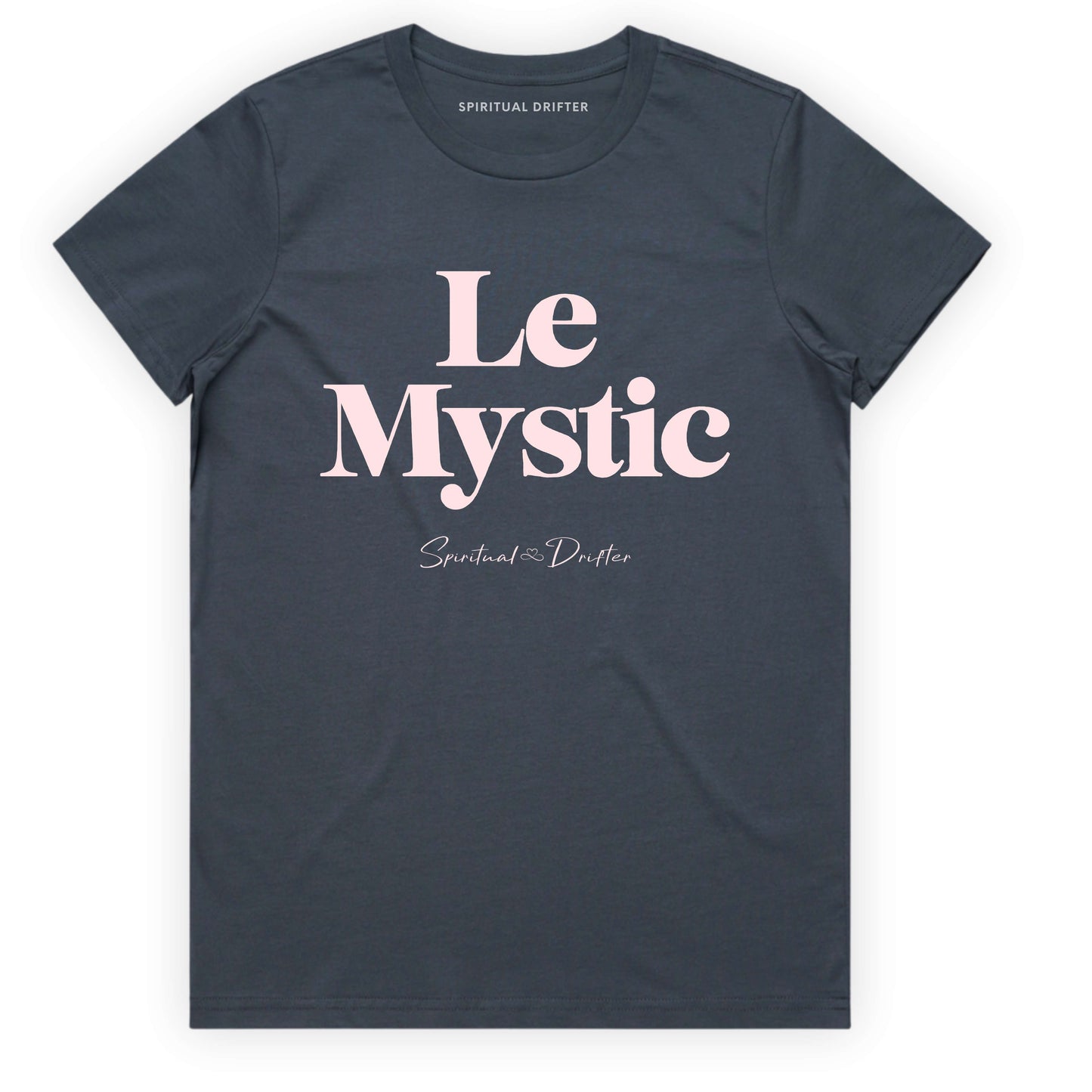 Spiritual Drifter “Le Mystic” graphic feminine 100% cotton t-shirt in petrol blue. Spiritual lifestyle, positive vibes, aligned, positive mindset, conscious living clothing. Spiritual apparel inspired by modern mysticism, meditation, quantum reality, time line shifts, bending reality, manifestation and conscious living. Yoga and meditation clothing for awakened souls.
