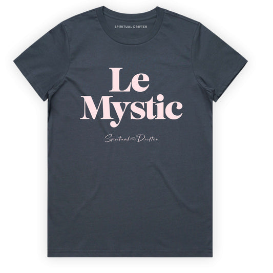 Spiritual Drifter “Le Mystic” graphic feminine 100% cotton t-shirt in petrol blue. Spiritual lifestyle, positive vibes, aligned, positive mindset, conscious living clothing. Spiritual apparel inspired by modern mysticism, meditation, quantum reality, time line shifts, bending reality, manifestation and conscious living. Yoga and meditation clothing for awakened souls.