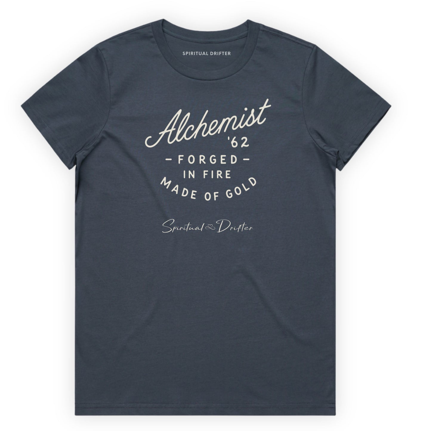 Spiritual Drifter “Alchemist” graphic classic t shirt in petrol blue. Elevated spiritual apparel inspired by meditation, mindfulness, yoga, positive vibes, law of attraction and conscious living. Become the Alchemist, forged in fire in this elevated natural fashion tee for women.