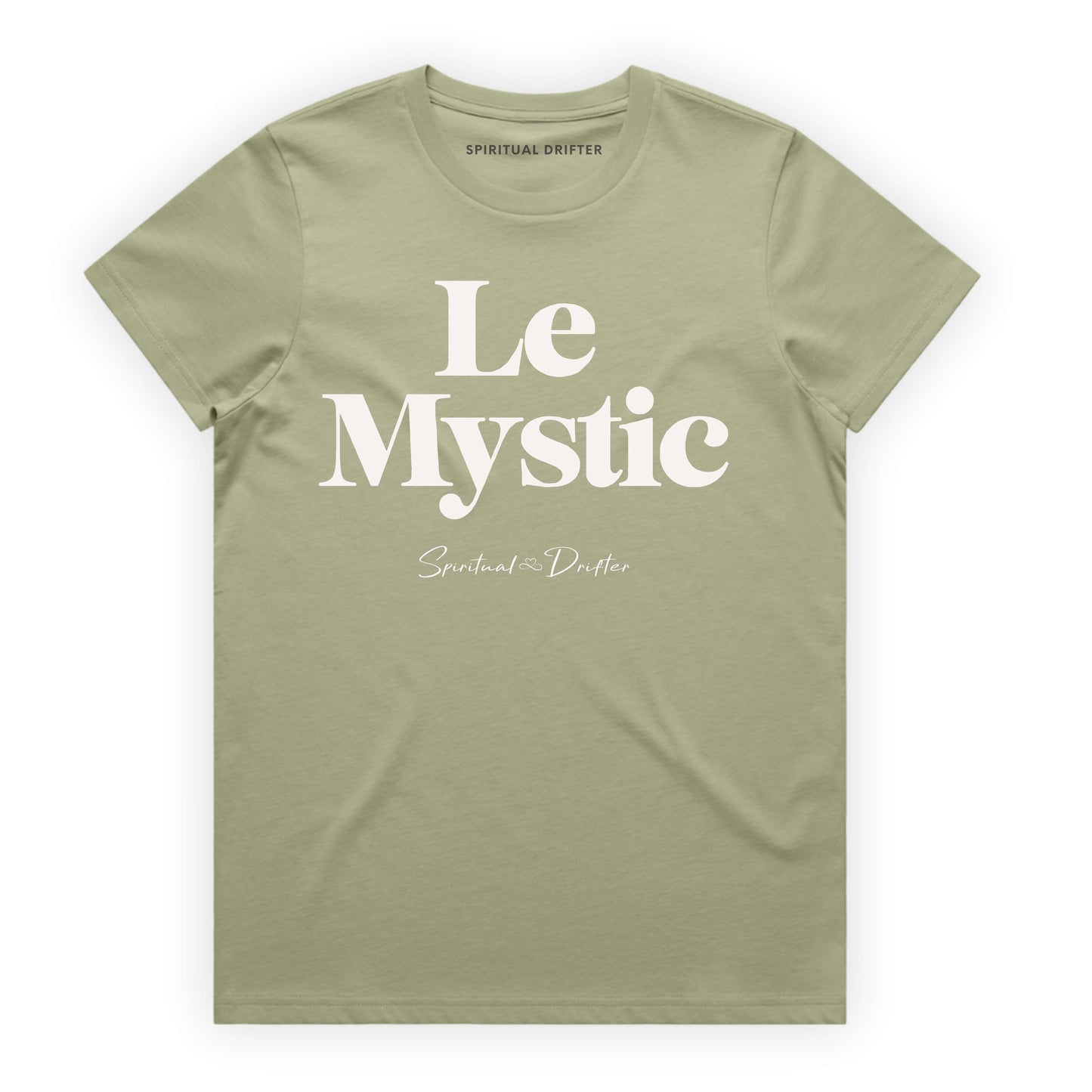 Spiritual Drifter “Le Mystic” graphic feminine 100% cotton t-shirt in pistachio green. Spiritual lifestyle, positive vibes, aligned, positive mindset, conscious living clothing. Spiritual apparel inspired by modern mysticism, meditation, quantum reality, time line shifts, bending reality, manifestation and conscious living. Yoga and meditation clothing for awakened souls.