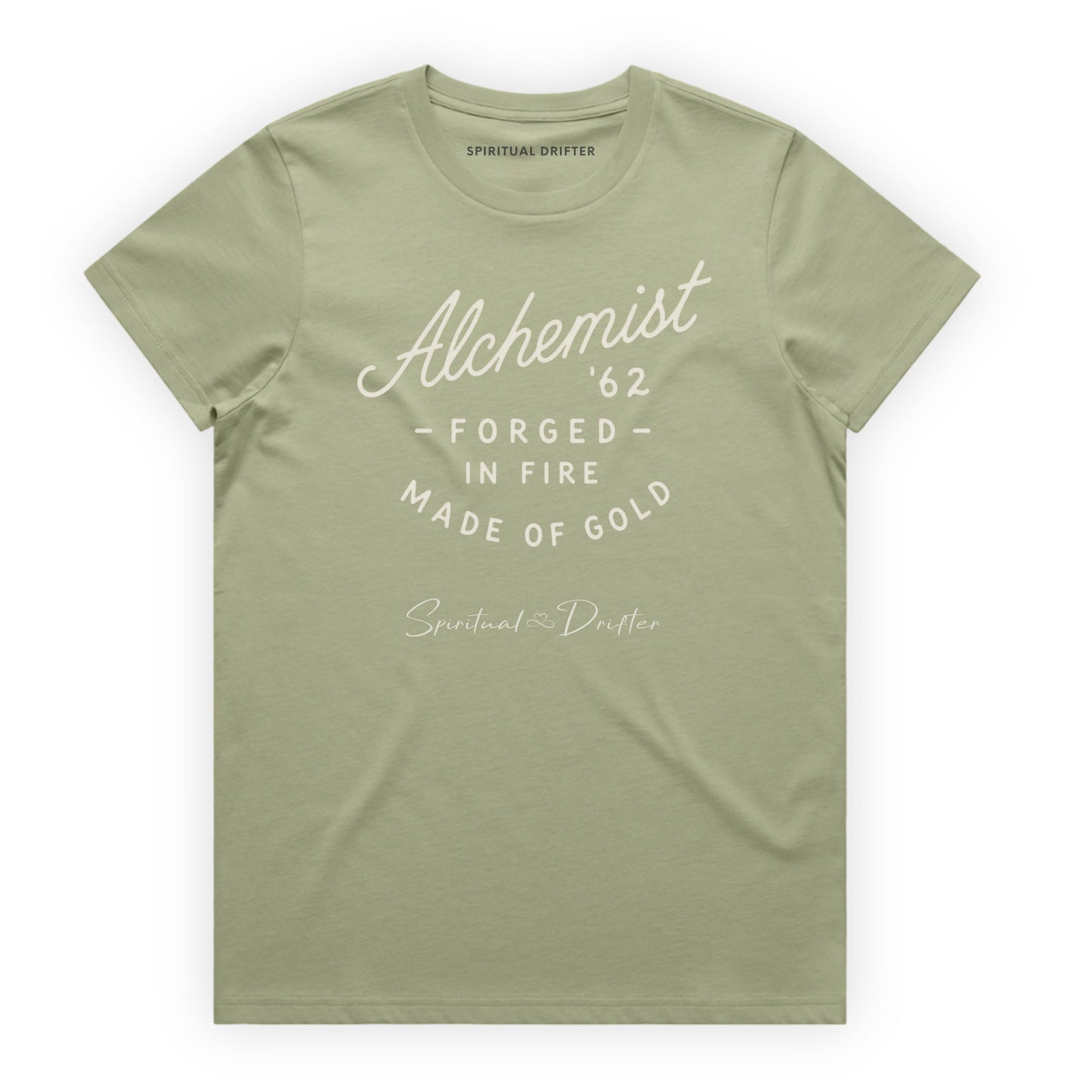 Spiritual Drifter “Alchemist” graphic classic t shirt in pistachio green. Elevated spiritual apparel inspired by meditation, mindfulness, yoga, positive vibes, law of attraction and conscious living. Become the Alchemist, forged in fire in this elevated natural fashion tee for women.