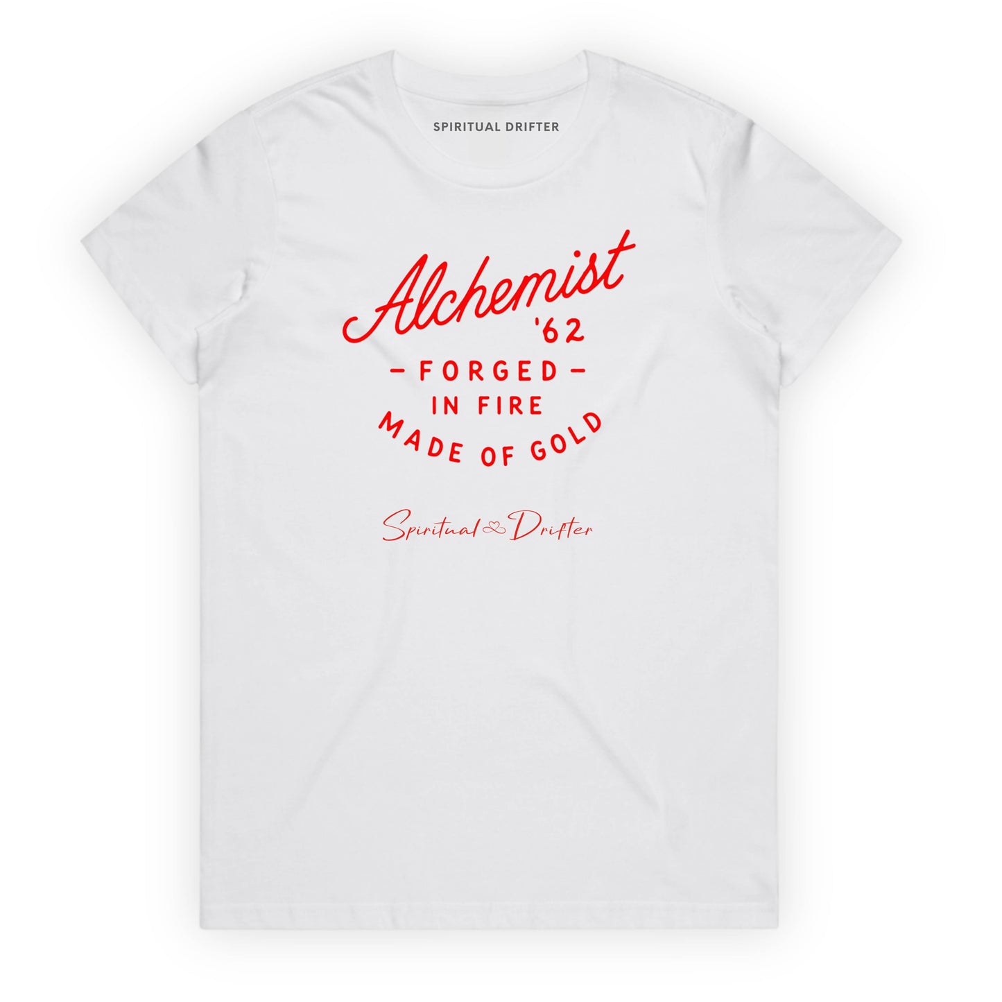 Spiritual Drifter “Alchemist” graphic classic t shirt in white. Elevated spiritual apparel inspired by meditation, mindfulness, yoga, positive vibes, law of attraction and conscious living. Become the Alchemist, forged in fire in this elevated natural fashion tee for women.