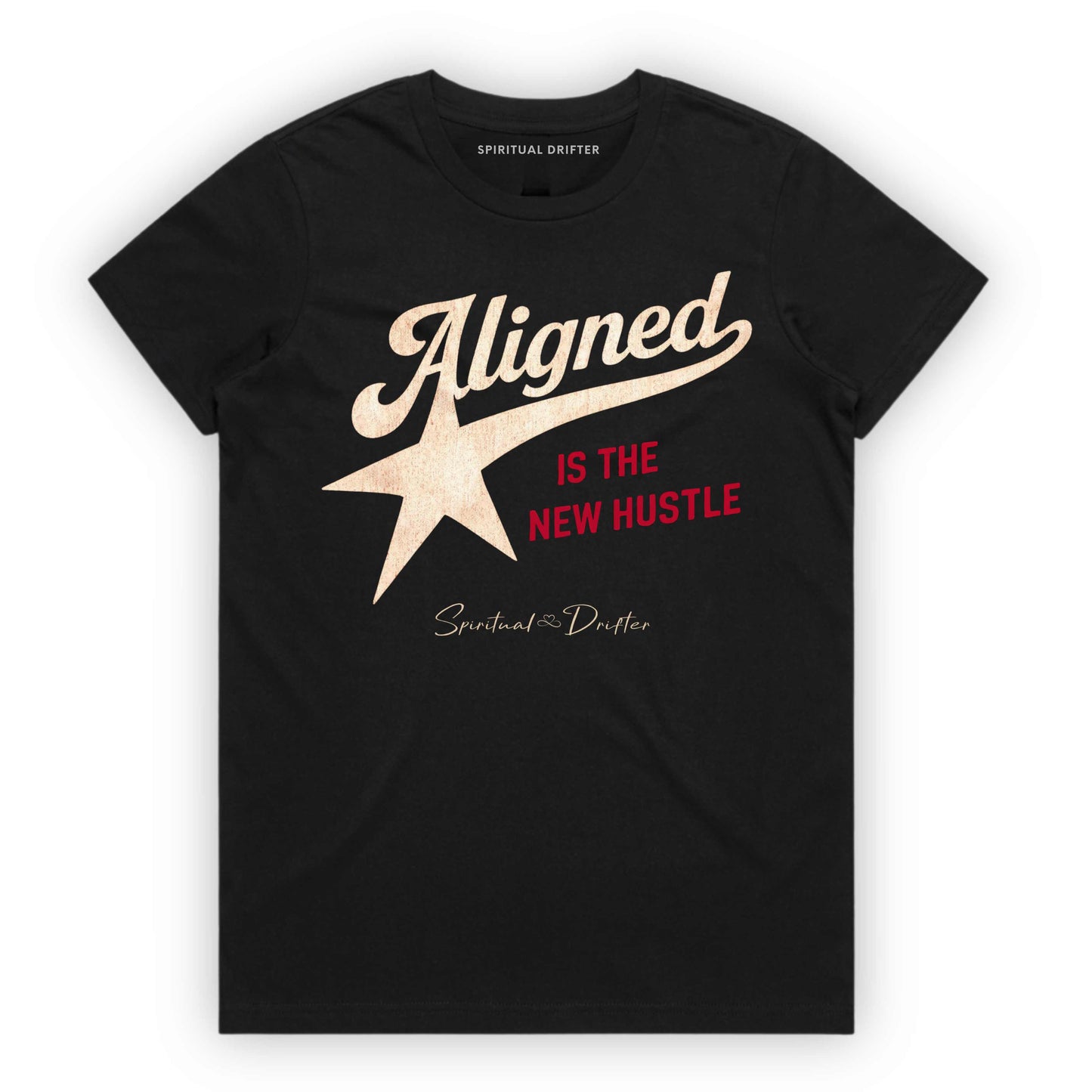 Black t-shirt with spiritual drifter quote "Aligned is the new hustle" 