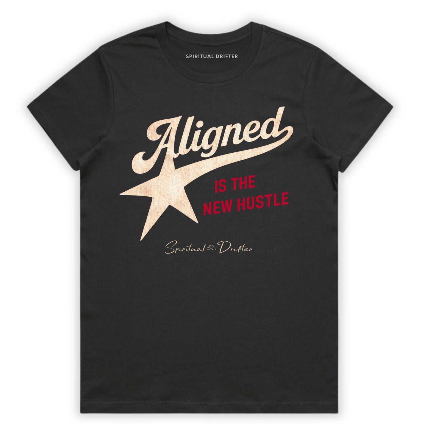 Charcoal gray t-shirt with spiritual drifter quote "Aligned is the new hustle" 