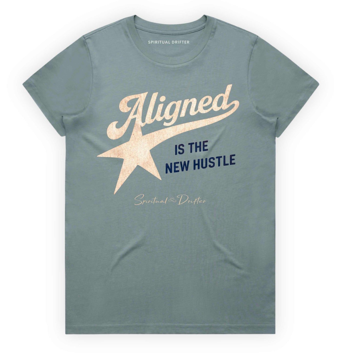 Light Blue t-shirt with spiritual drifter quote "Aligned is the new hustle" 