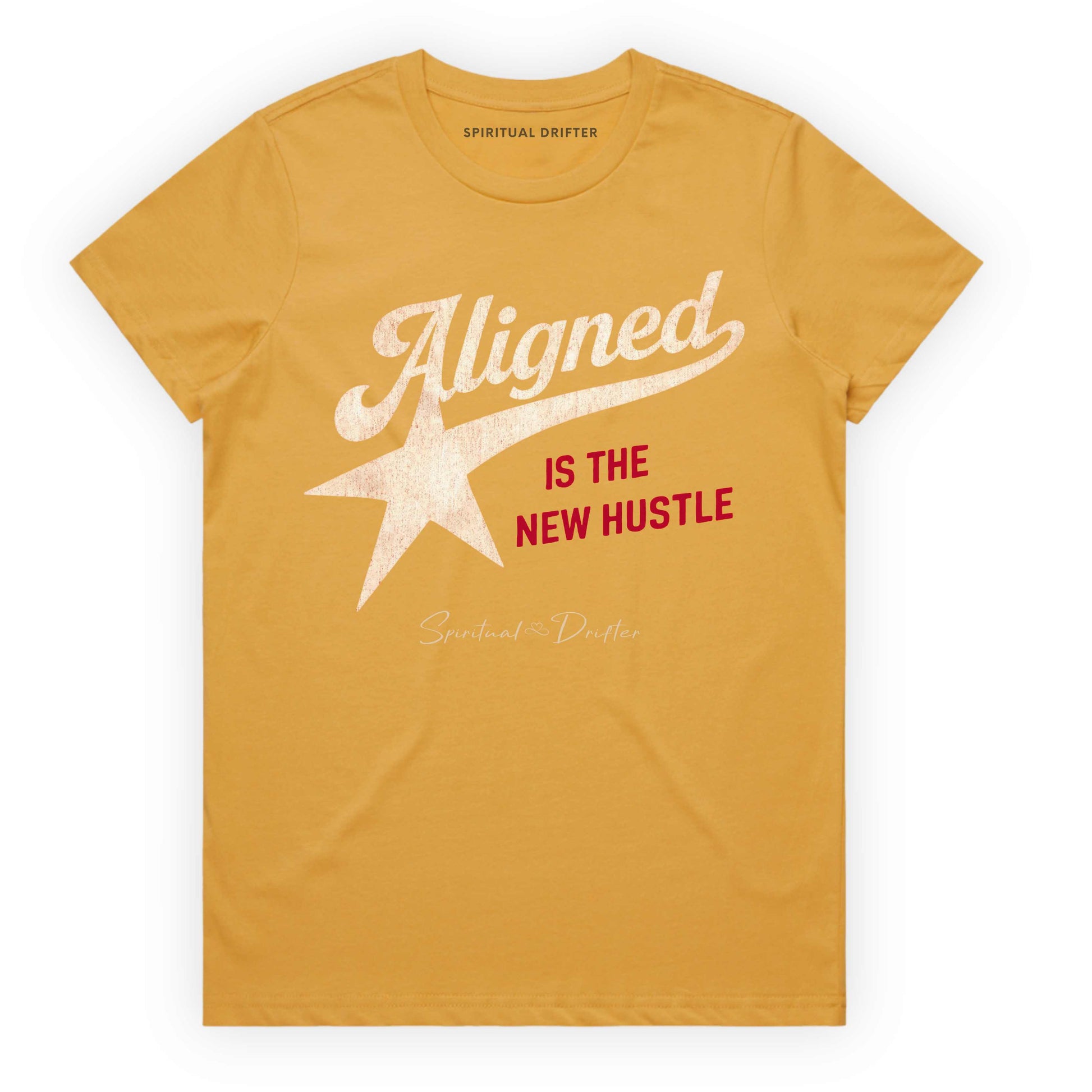 Mustard yellow t-shirt with spiritual drifter quote "Aligned is the new hustle" 