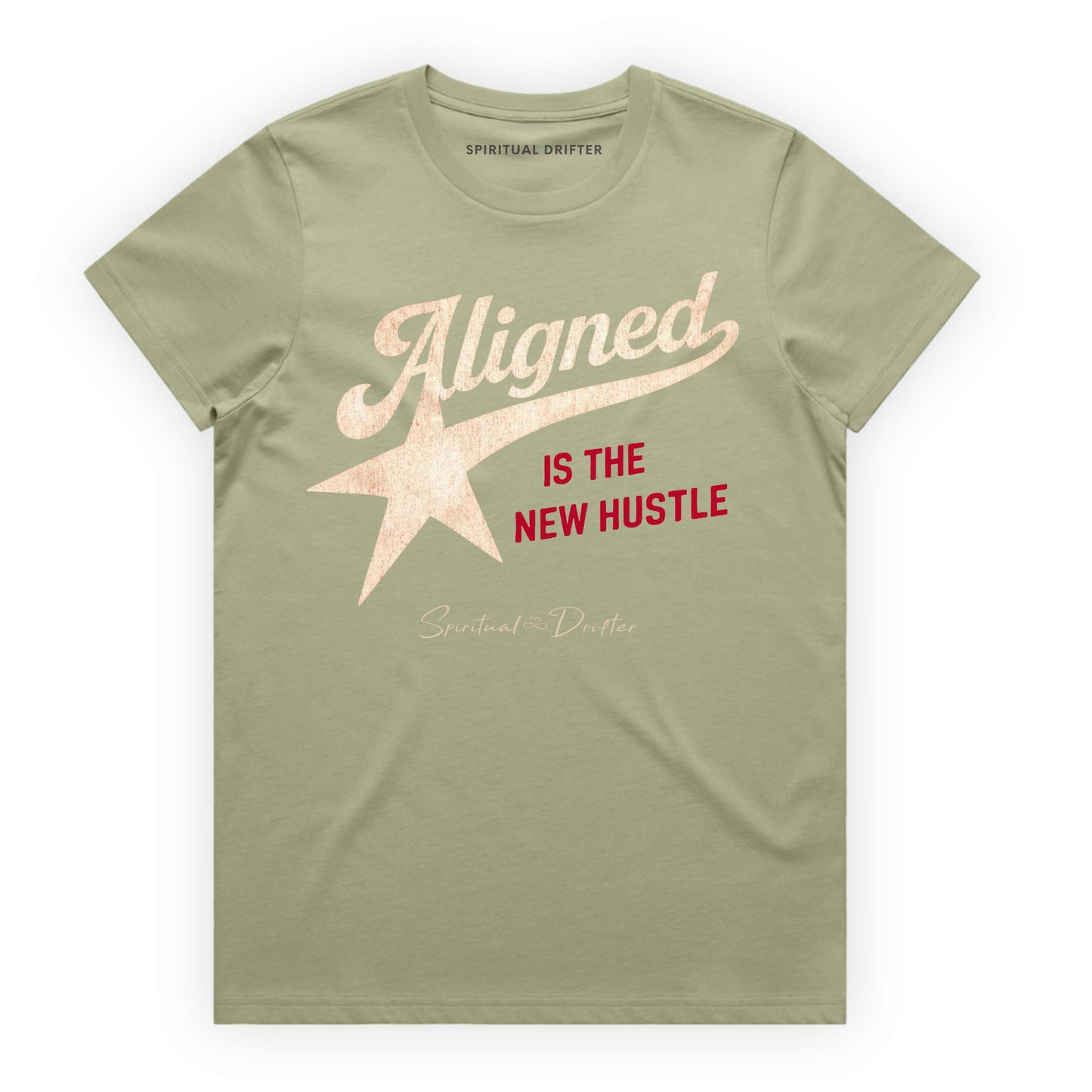 Pistachio green  t-shirt with spiritual drifter quote "Aligned is the new hustle" 
