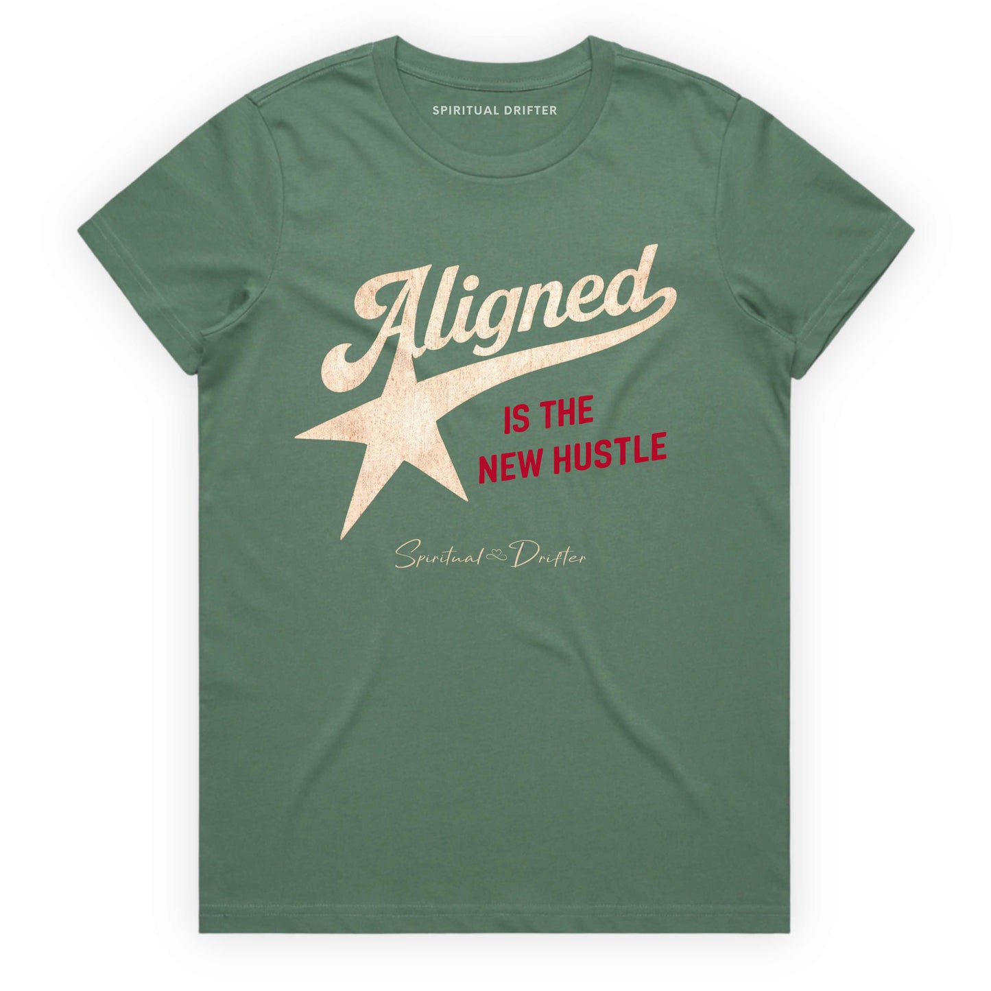 Sage Green  t-shirt with spiritual drifter quote "Aligned is the new hustle" 