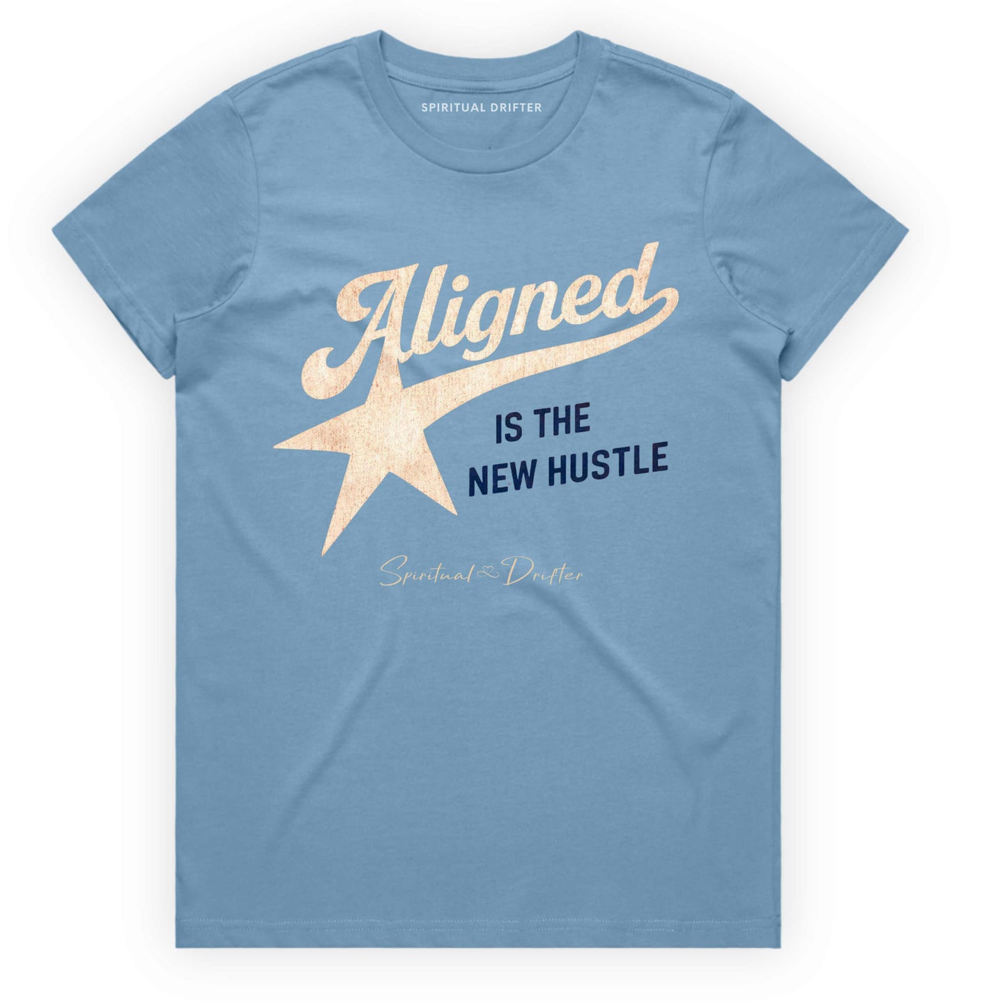 Carolina Blue t-shirt with spiritual drifter quote "Aligned is the new hustle" 