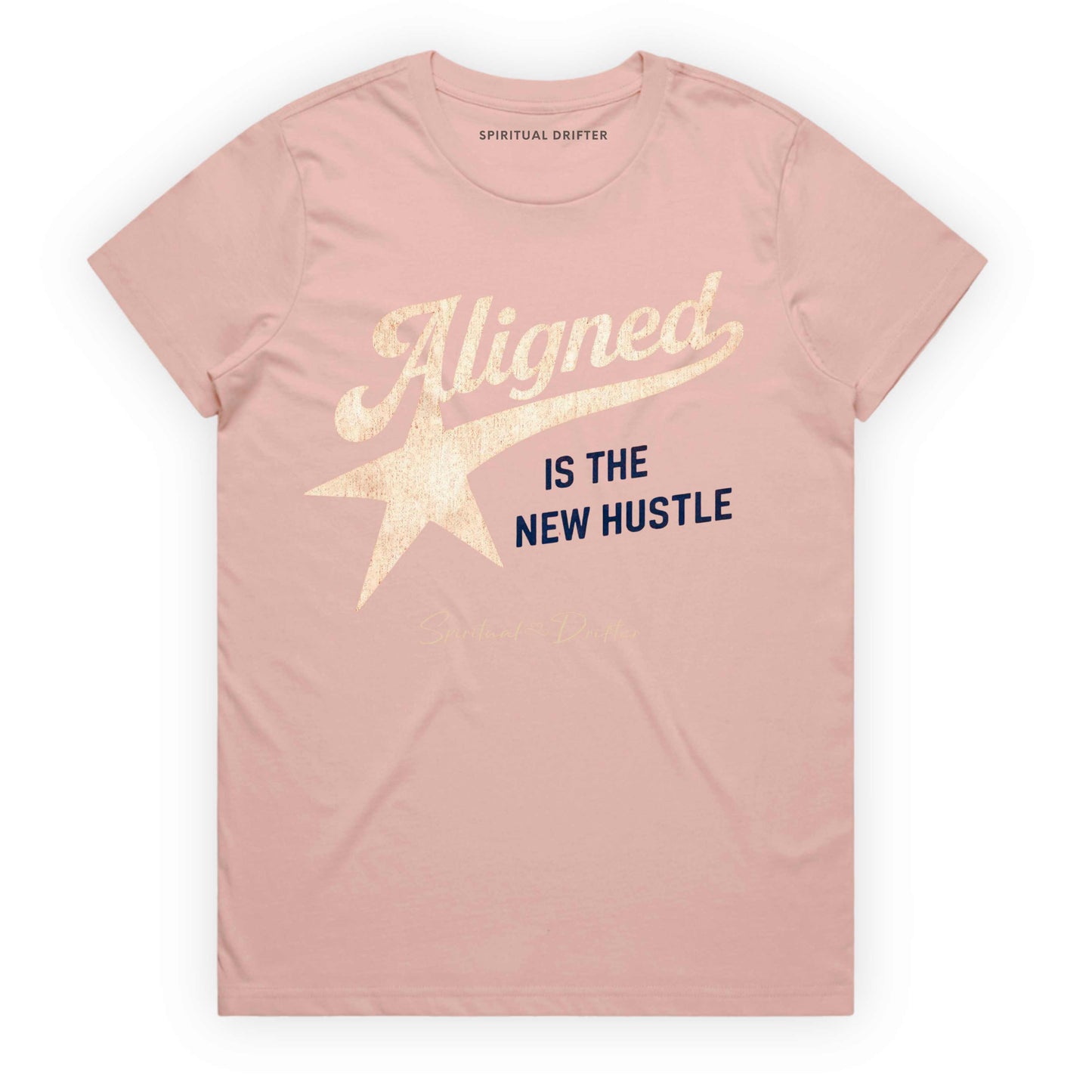 Pink t-shirt with spiritual drifter quote "Aligned is the new hustle" 