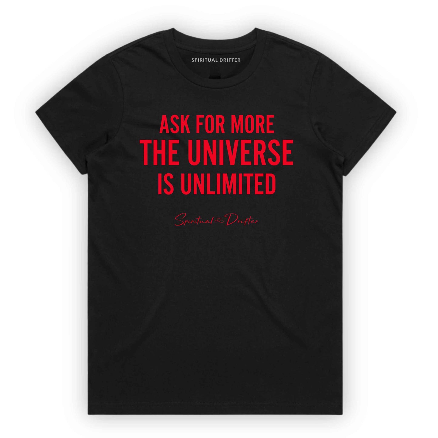 Black Spiritual Drifter ‘Ask for More the Universe is Unlimited’ graphic cotton t-shirt. Elevated spiritual apparel inspired by awakening, meditation, mindfulness, yoga, law of attraction and conscious living. Inspired by Abraham Hicks and the Law of Attraction. 