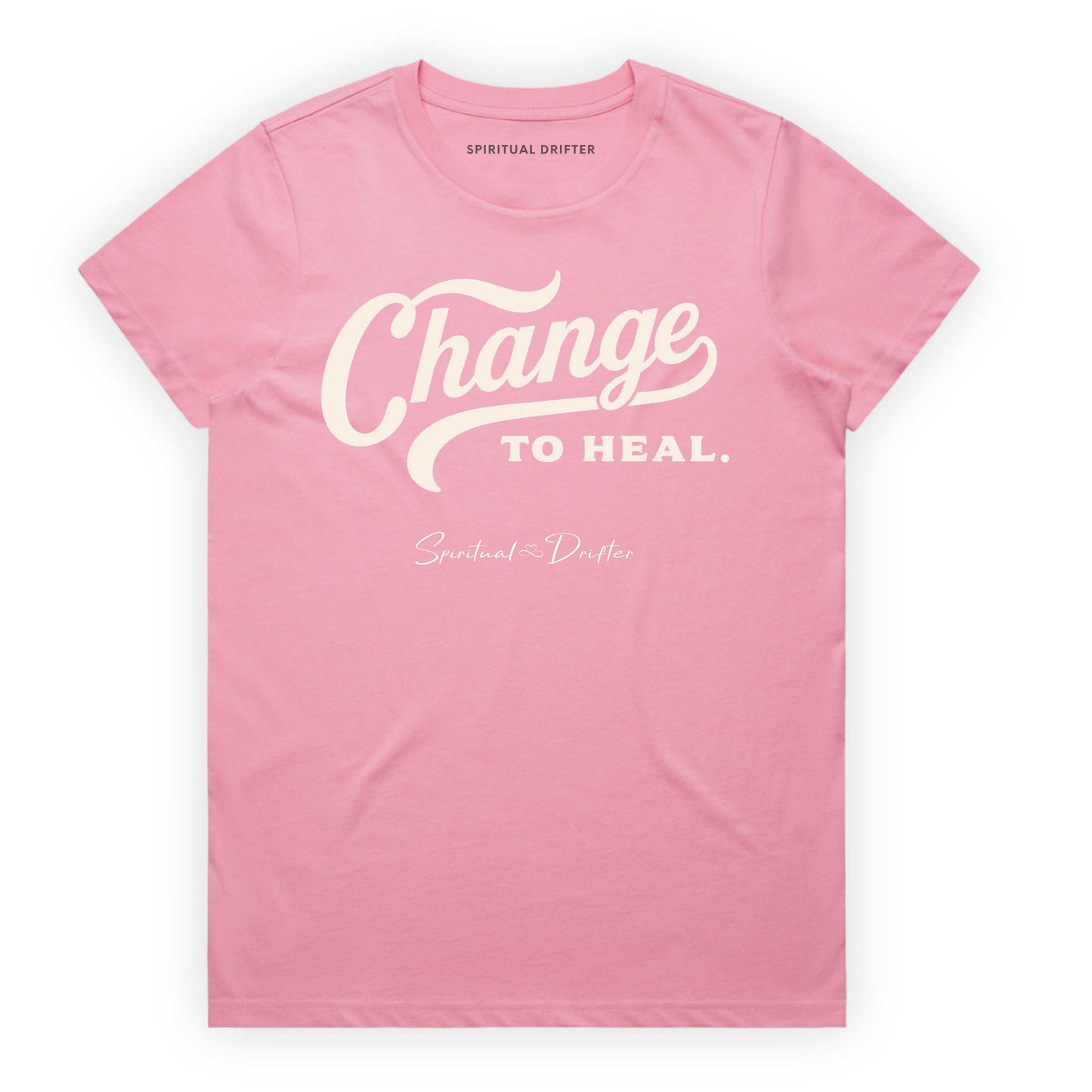 Bubblegum Pink t-shirt with 'Change to Heal' text on a white background. Spiritual Drifter t-shirt with 'Change to Heal' text on a white background. Elevated spiritual apparel inspired by meditation, mindfulness, yoga, positive vibes, law of attraction and conscious living. 