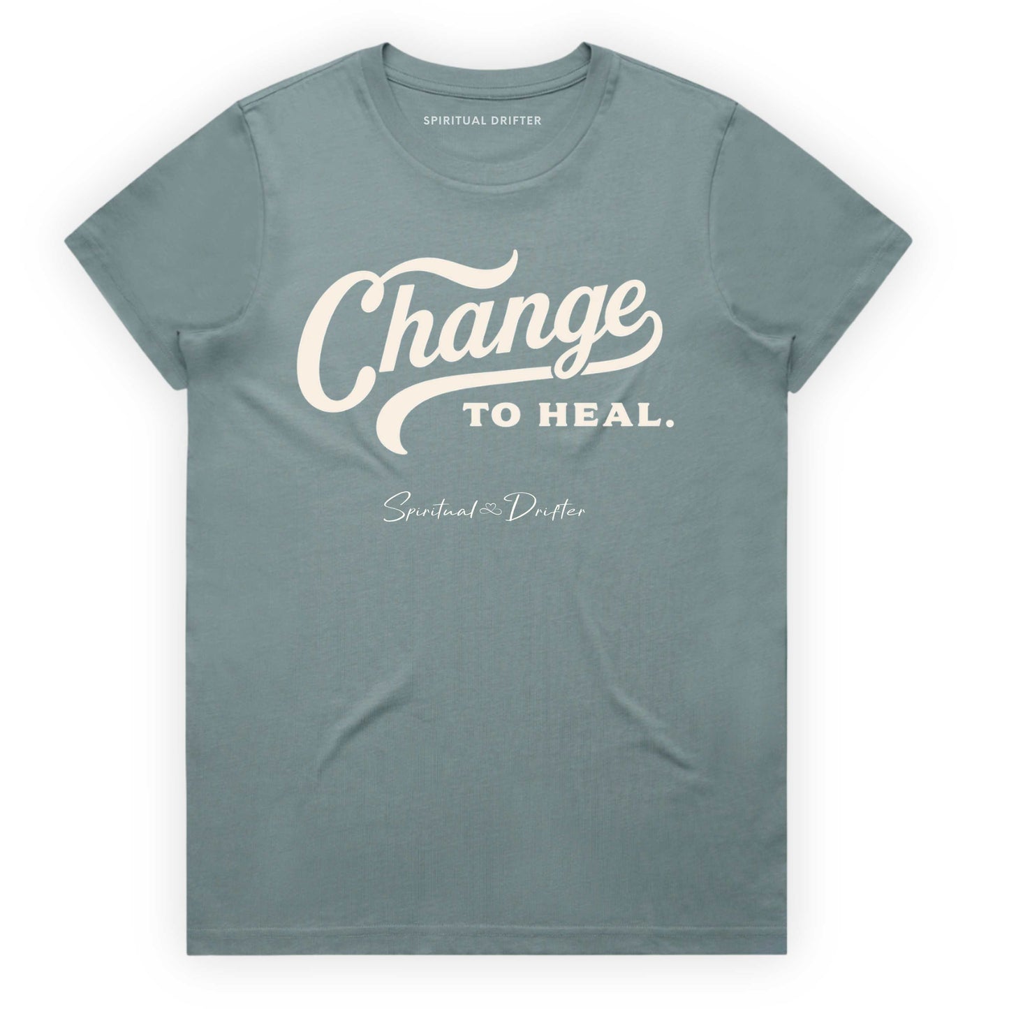 Mineral blue green Spiritual Drifter t-shirt with 'Change to Heal' text on a white background. Elevated spiritual apparel inspired by meditation, mindfulness, yoga, positive vibes, law of attraction and conscious living. 