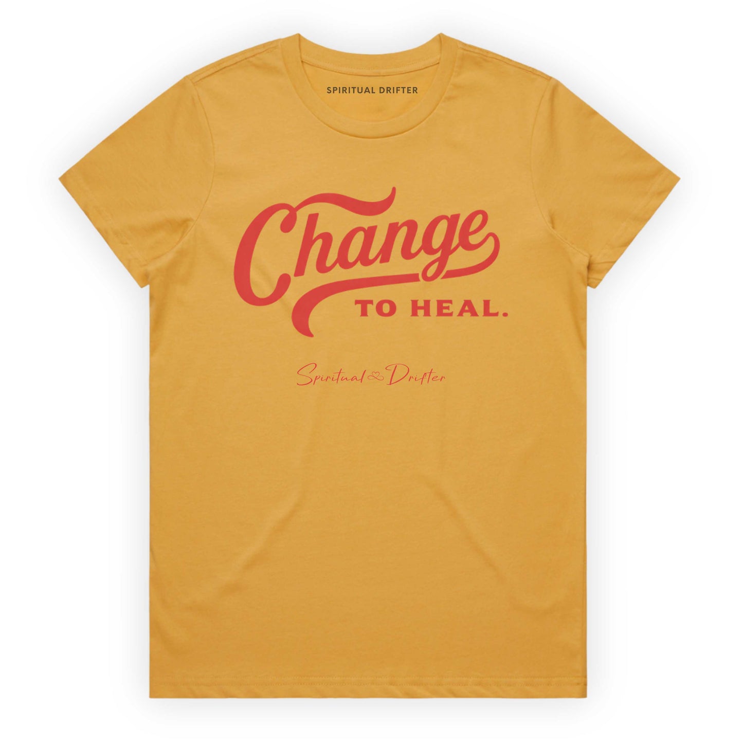 Mustard Yellow Spiritual Drifter t-shirt with 'Change to Heal' text on a white background. Elevated spiritual apparel inspired by meditation, mindfulness, yoga, positive vibes, law of attraction and conscious living. 