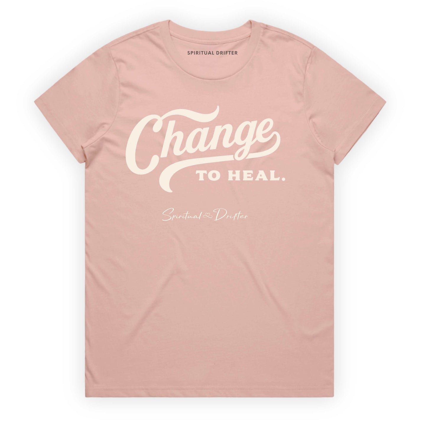 Pink Spiritual Drifter t-shirt with 'Change to Heal' text on a white background. Elevated spiritual apparel inspired by meditation, mindfulness, yoga, positive vibes, law of attraction and conscious living. 