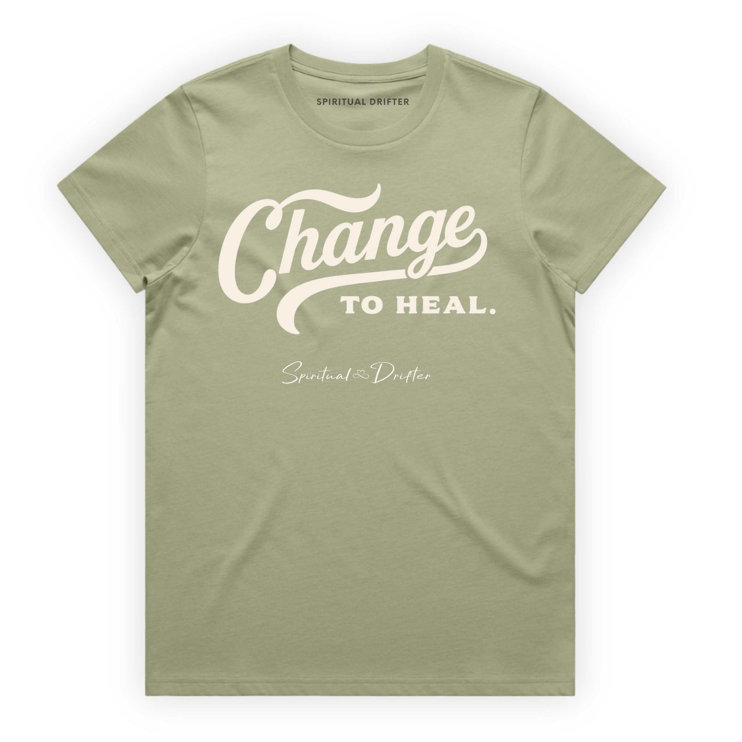 Pistachio Green Spiritual Drifter t-shirt with 'Change to Heal' text on a white background. Elevated spiritual apparel inspired by meditation, mindfulness, yoga, positive vibes, law of attraction and conscious living. 