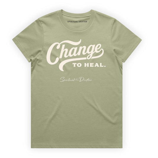 Pistachio Green Spiritual Drifter t-shirt with 'Change to Heal' text on a white background. Elevated spiritual apparel inspired by meditation, mindfulness, yoga, positive vibes, law of attraction and conscious living. 