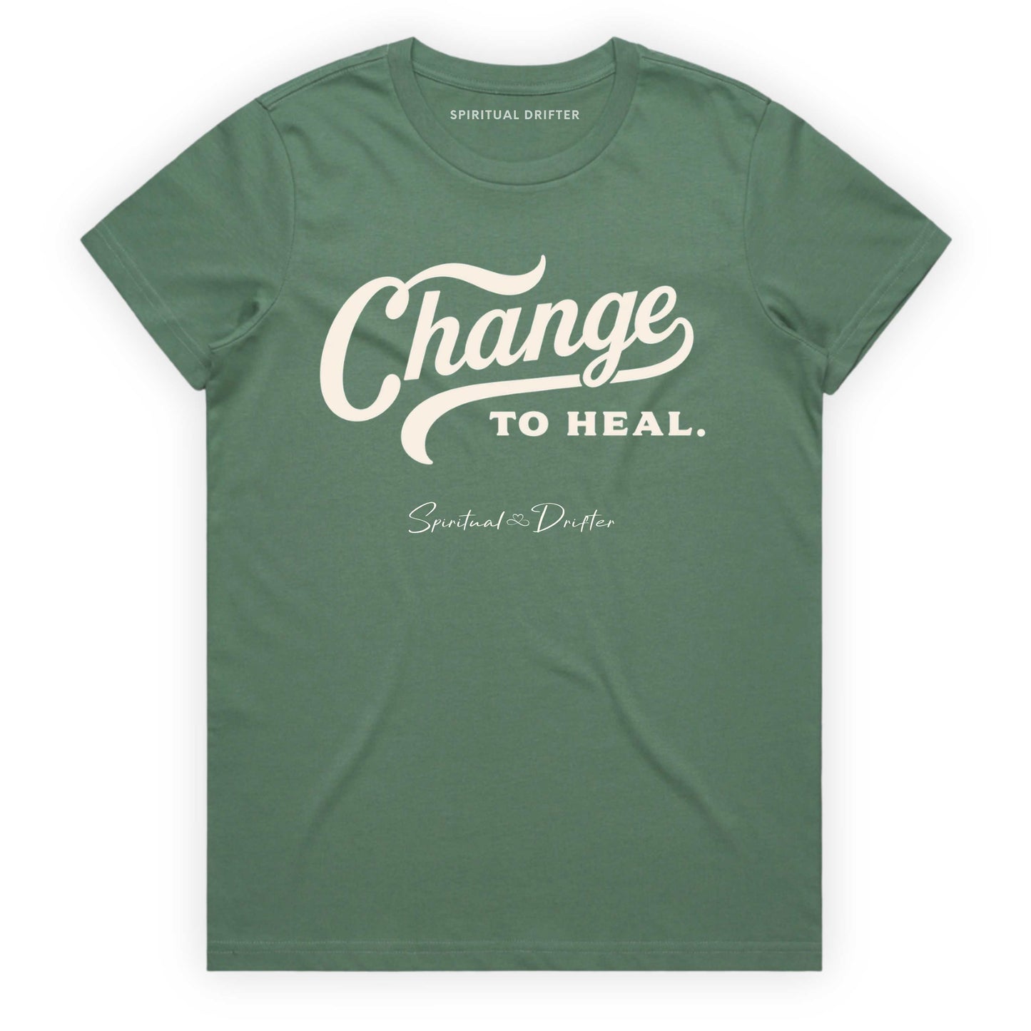 Sage Green Spiritual Drifter t-shirt with 'Change to Heal' text on a white background. Elevated spiritual apparel inspired by meditation, mindfulness, yoga, positive vibes, law of attraction and conscious living. 