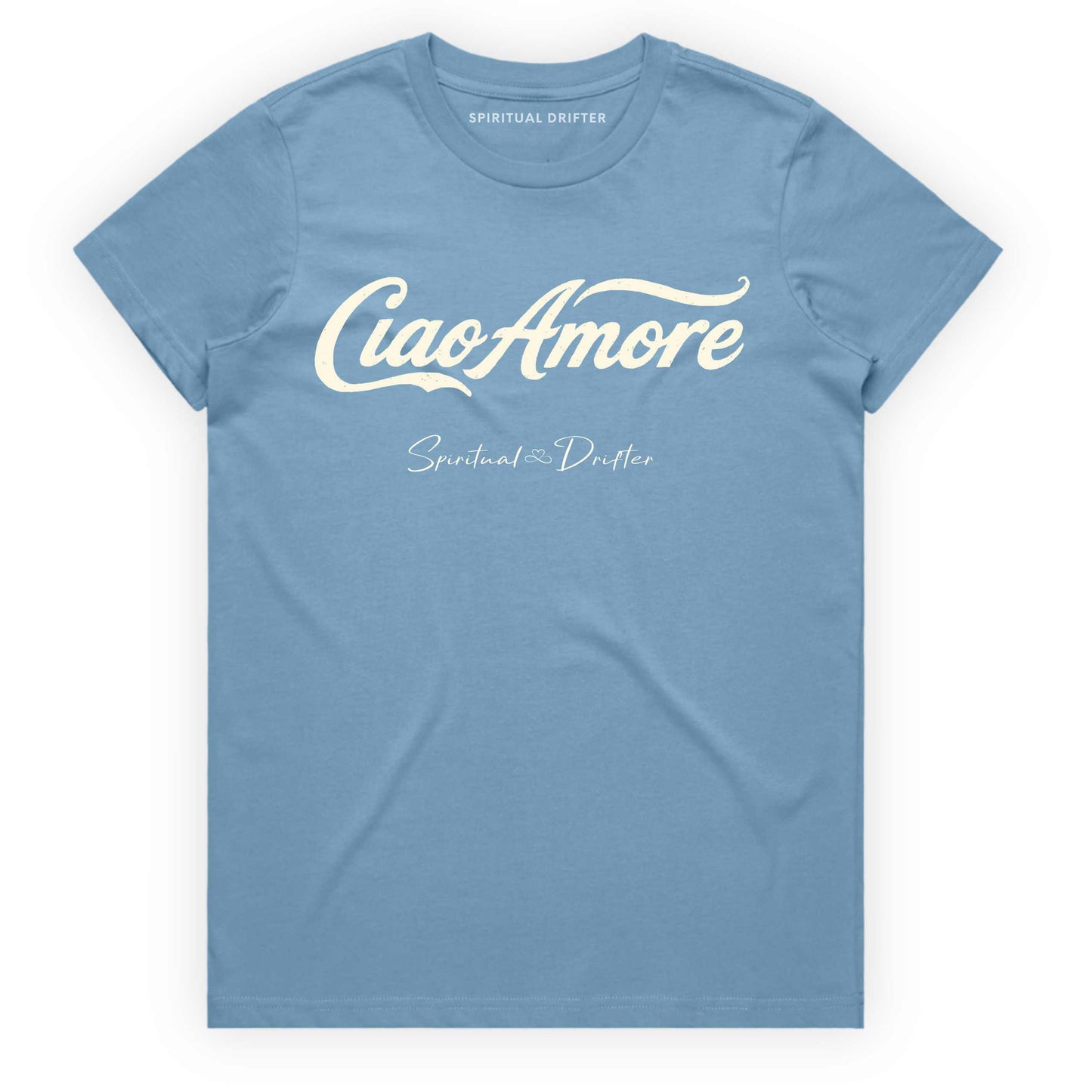 Carolina light blue Spiritual Drifter t-shirt with "Ciao Amore" Elevated spiritual apparel inspired by meditation, mindfulness, yoga, positive vibes, law of attraction and conscious living. 