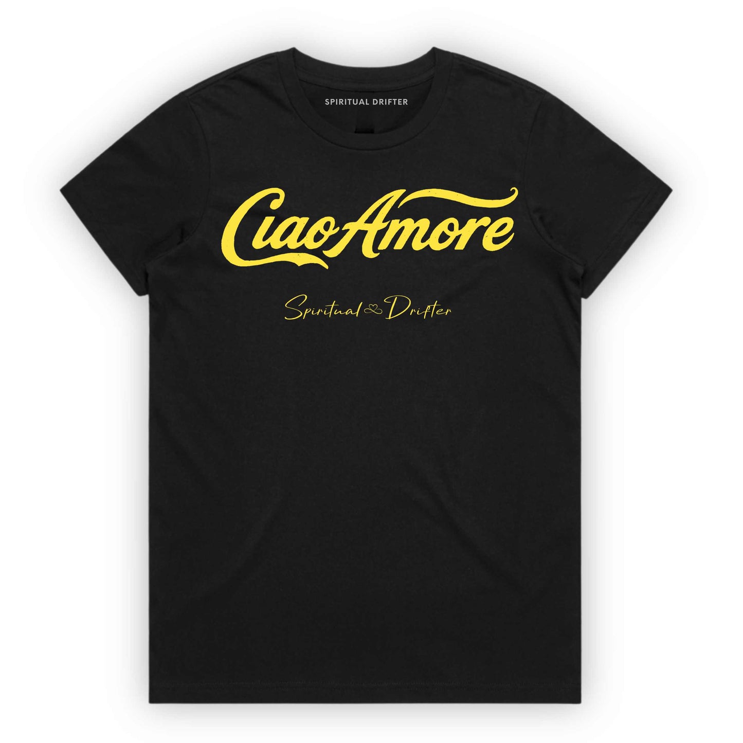 Black Spiritual Drifter t-shirt with "Ciao Amore" Elevated spiritual apparel inspired by meditation, mindfulness, yoga, positive vibes, law of attraction and conscious living. 