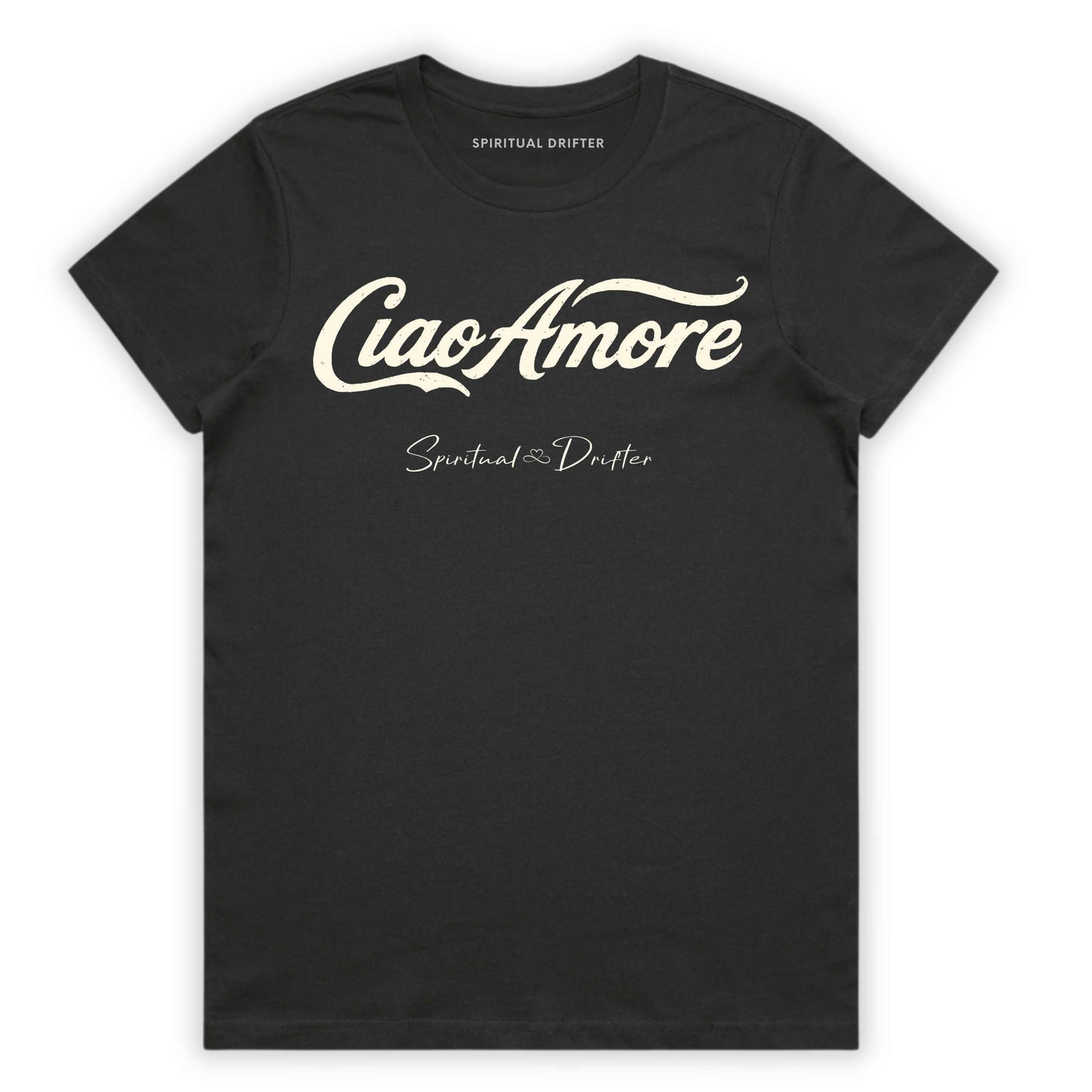 Charcoal Gray Spiritual Drifter t-shirt with "Ciao Amore" Elevated spiritual apparel inspired by meditation, mindfulness, yoga, positive vibes, law of attraction and conscious living. 
