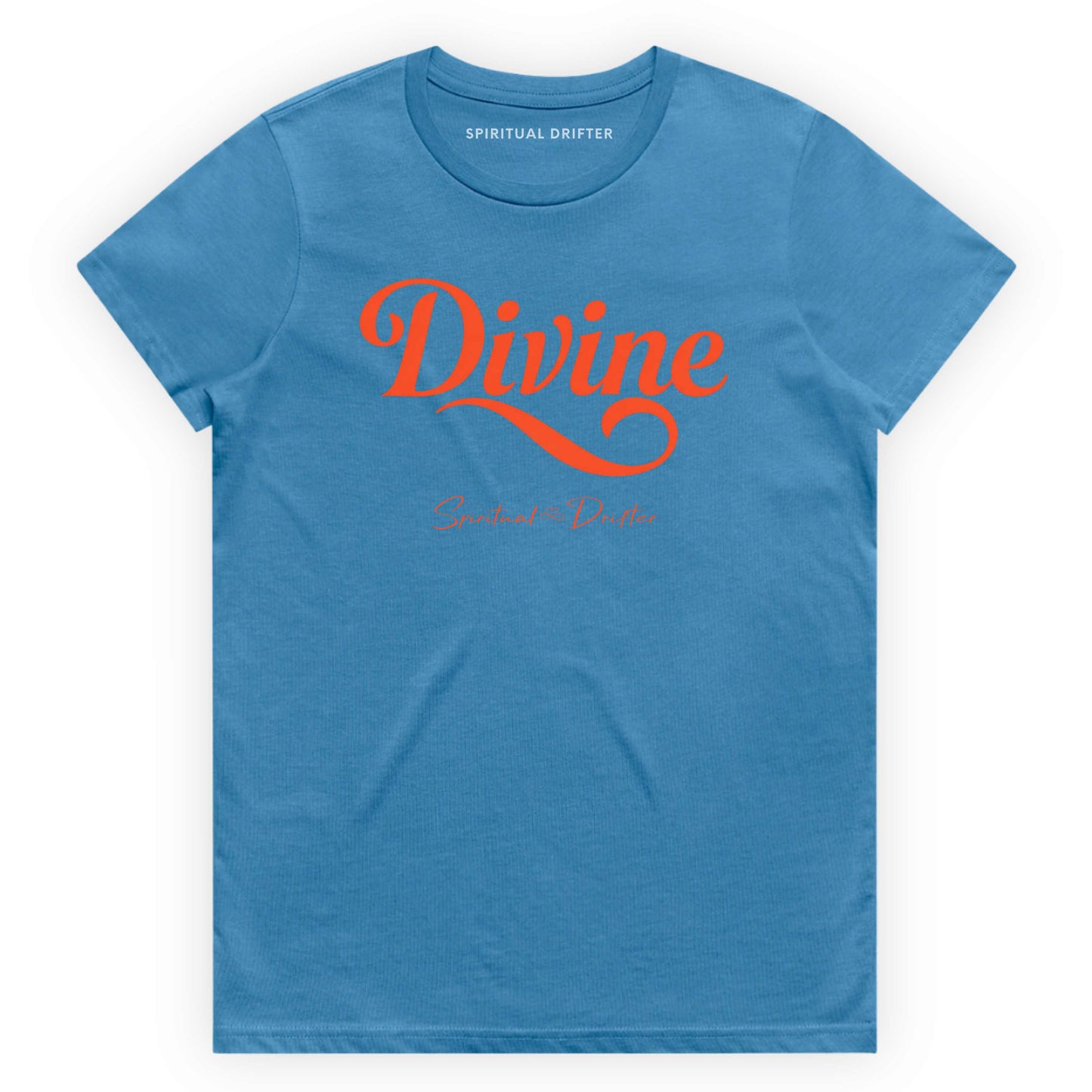 Hydro Blue Spiritual Drifter t-shirt with 'Divine' in red text on a white background. Spiritual apparel inspired by modern mysticism, meditation, manifestation, sacred medicine and conscious living. Yoga and meditation clothing for awakened souls.