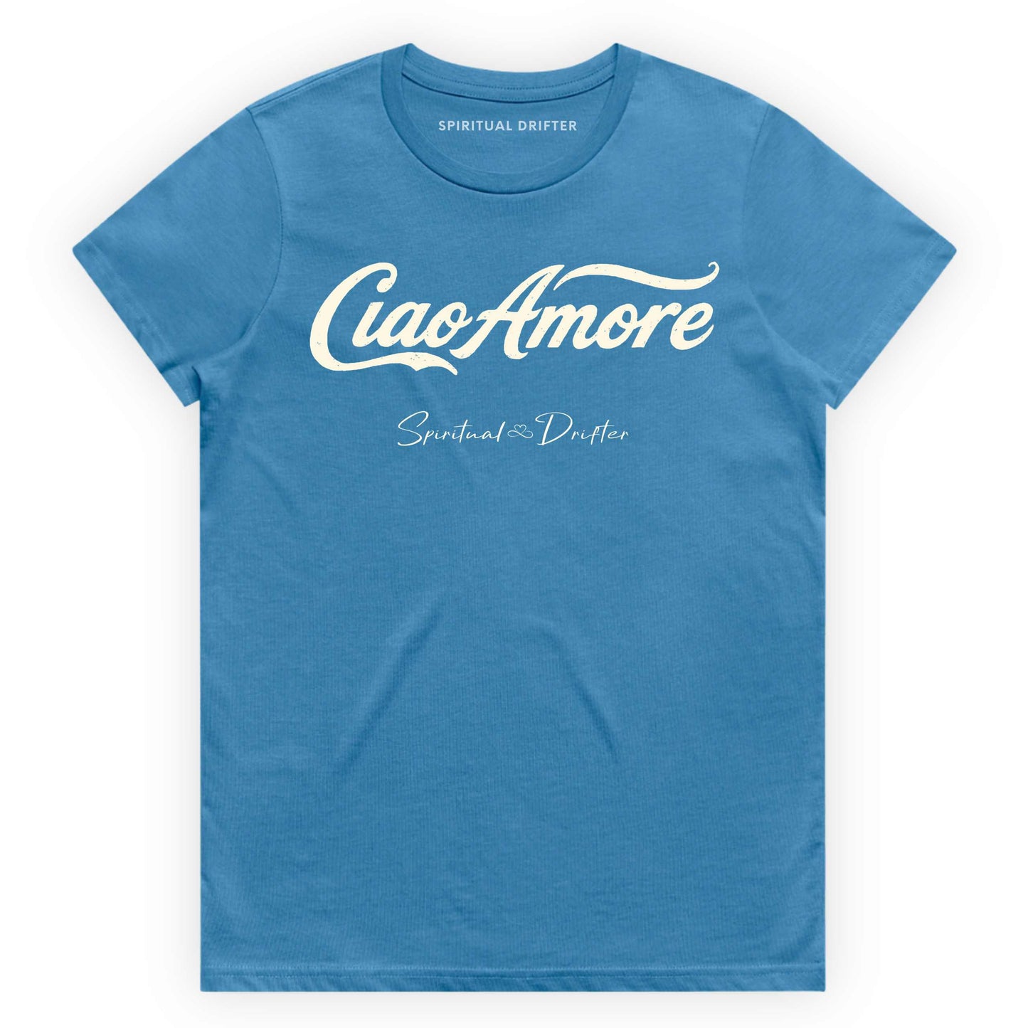 Hydro Blue Spiritual Drifter t-shirt with "Ciao Amore" Elevated spiritual apparel inspired by meditation, mindfulness, yoga, positive vibes, law of attraction and conscious living. 