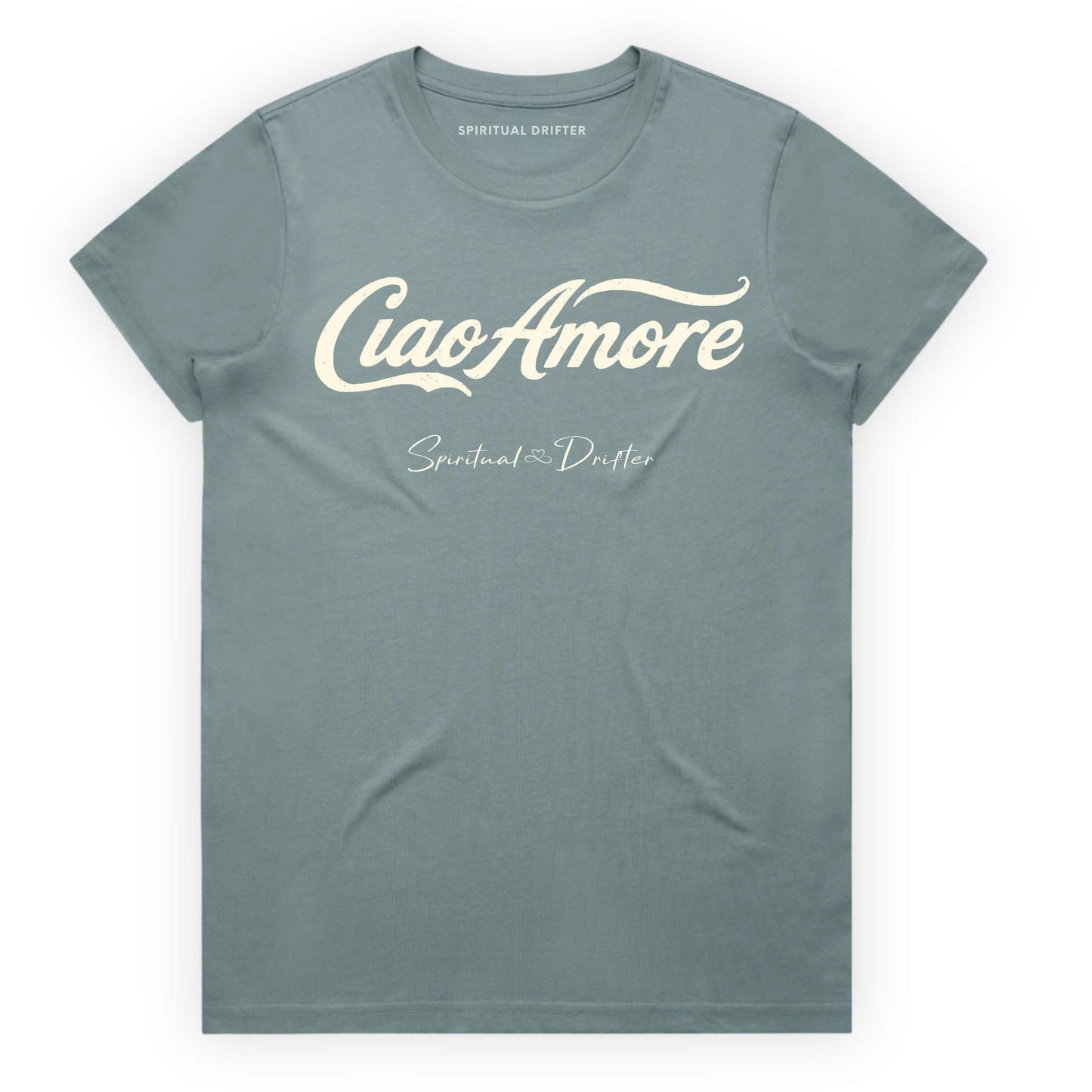 Mineral Teal Spiritual Drifter t-shirt with "Ciao Amore" Elevated spiritual apparel inspired by meditation, mindfulness, yoga, positive vibes, law of attraction and conscious living. 