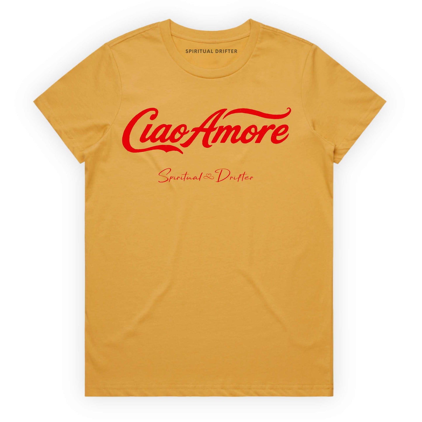 Mustard Yellow Spiritual Drifter t-shirt with "Ciao Amore" Elevated spiritual apparel inspired by meditation, mindfulness, yoga, positive vibes, law of attraction and conscious living. 
