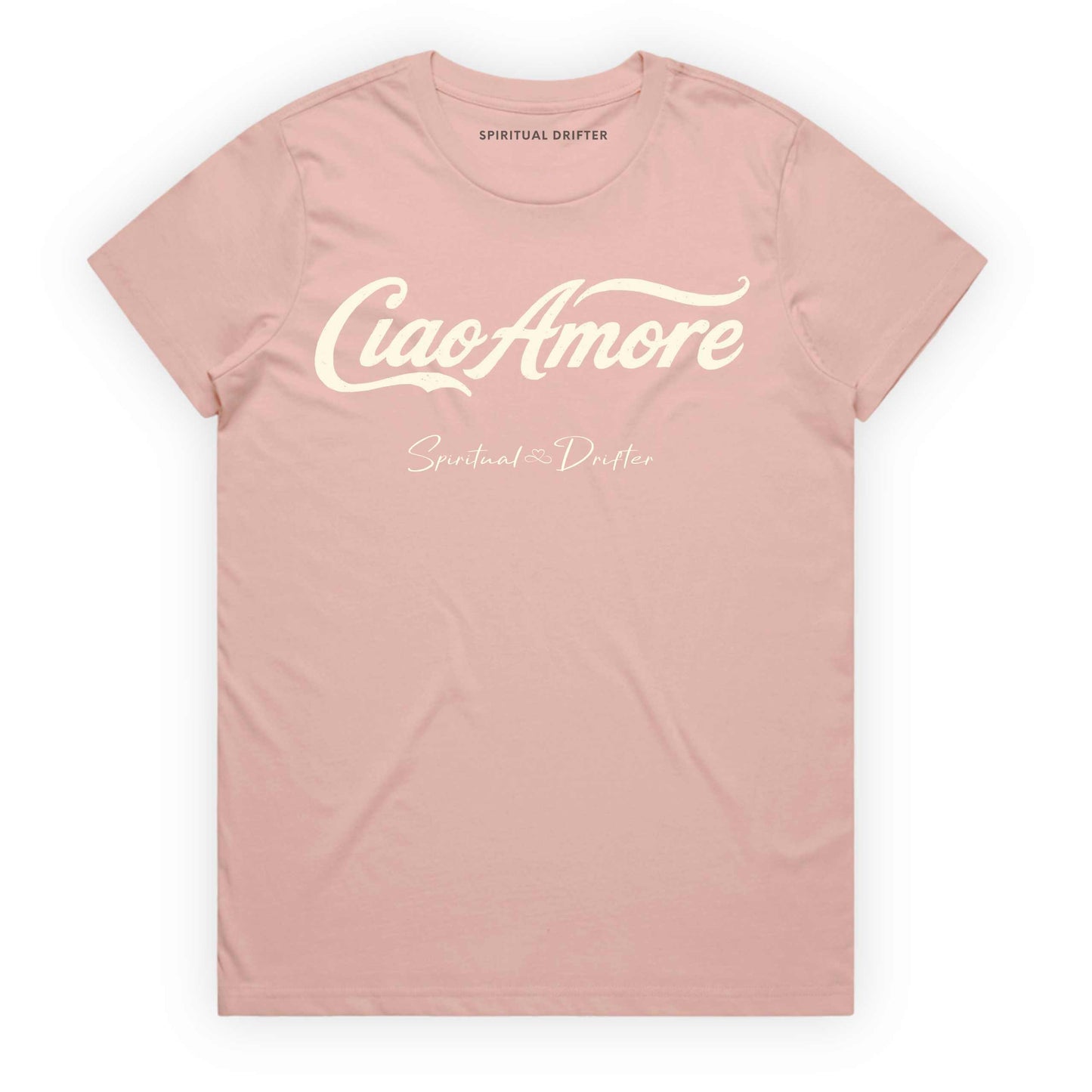 Soft Pink Spiritual Drifter t-shirt with "Ciao Amore" Elevated spiritual apparel inspired by meditation, mindfulness, yoga, positive vibes, law of attraction and conscious living. 