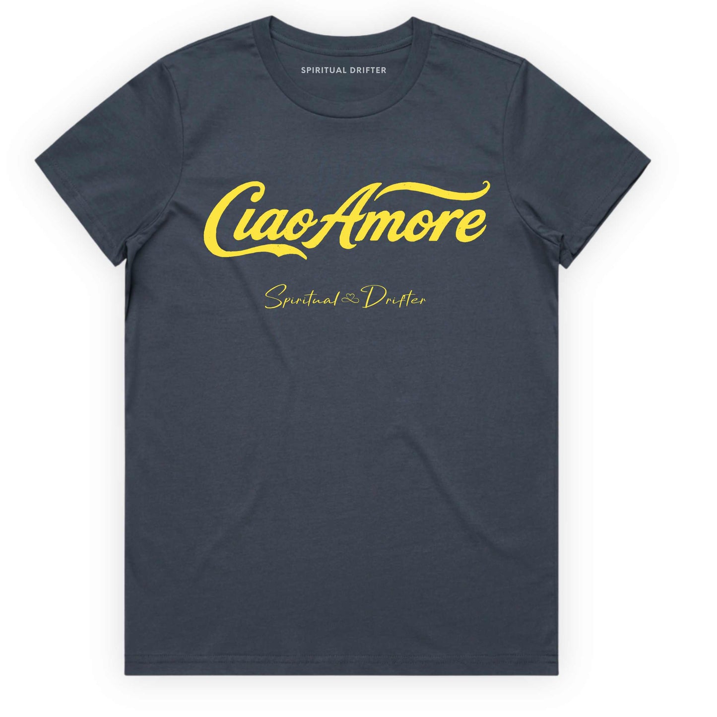 Petrol Blue Spiritual Drifter t-shirt with "Ciao Amore" Elevated spiritual apparel inspired by meditation, mindfulness, yoga, positive vibes, law of attraction and conscious living. 