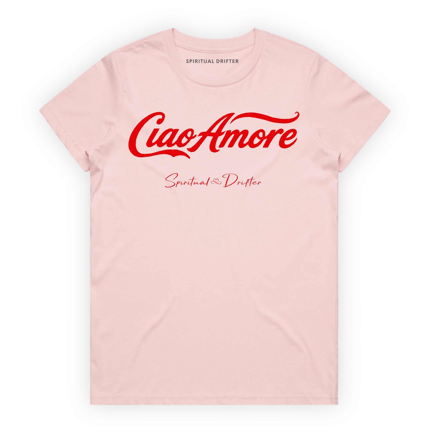 Pink Spiritual Drifter t-shirt with "Ciao Amore" Elevated spiritual apparel inspired by meditation, mindfulness, yoga, positive vibes, law of attraction and conscious living. 