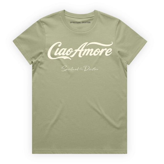 Pistachio Green Spiritual Drifter t-shirt with "Ciao Amore" Elevated spiritual apparel inspired by meditation, mindfulness, yoga, positive vibes, law of attraction and conscious living. 