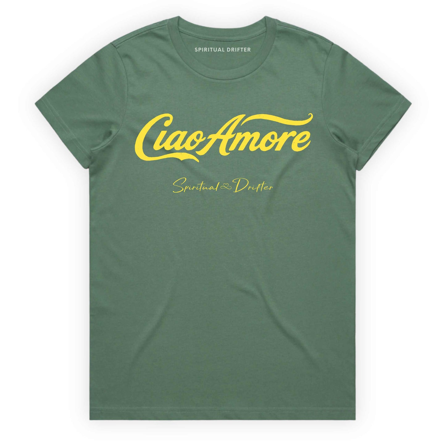 Sage Green Spiritual Drifter t-shirt with "Ciao Amore" Elevated spiritual apparel inspired by meditation, mindfulness, yoga, positive vibes, law of attraction and conscious living. 