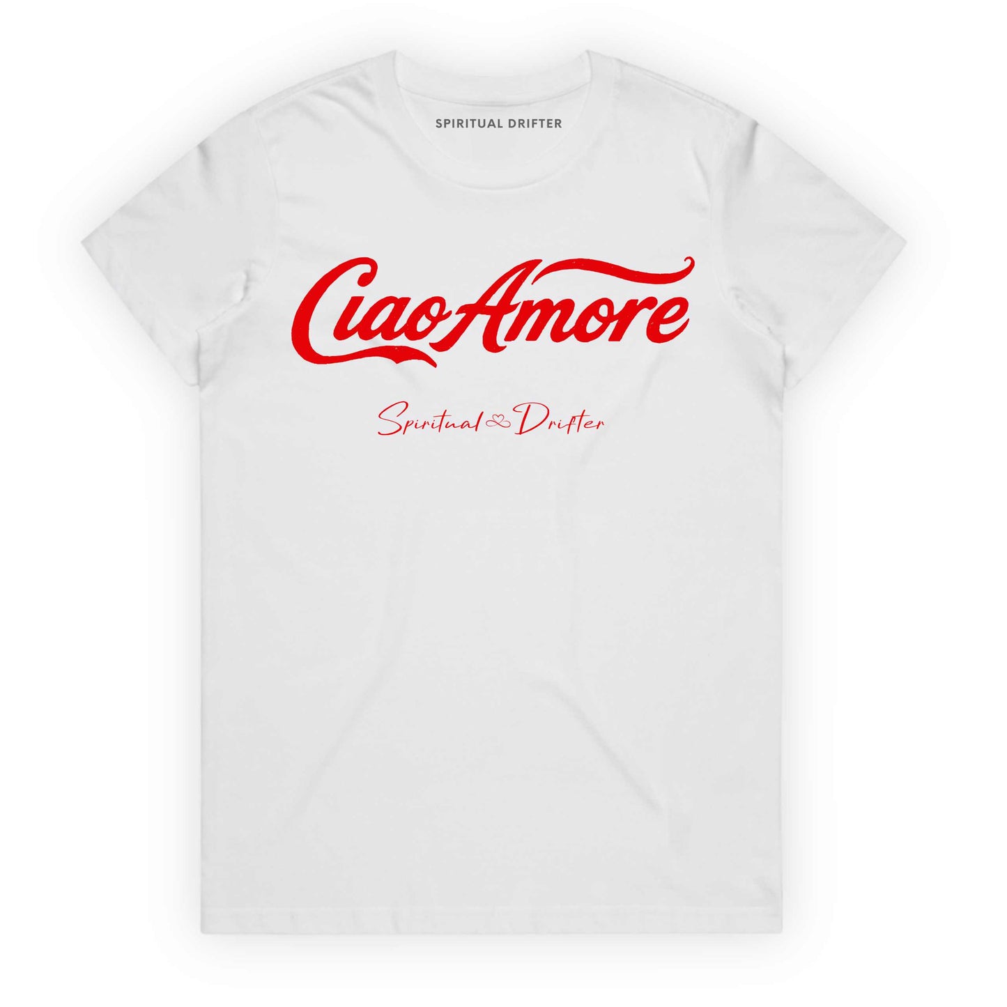 White Spiritual Drifter t-shirt with "Ciao Amore" Elevated spiritual apparel inspired by meditation, mindfulness, yoga, positive vibes, law of attraction and conscious living. 
