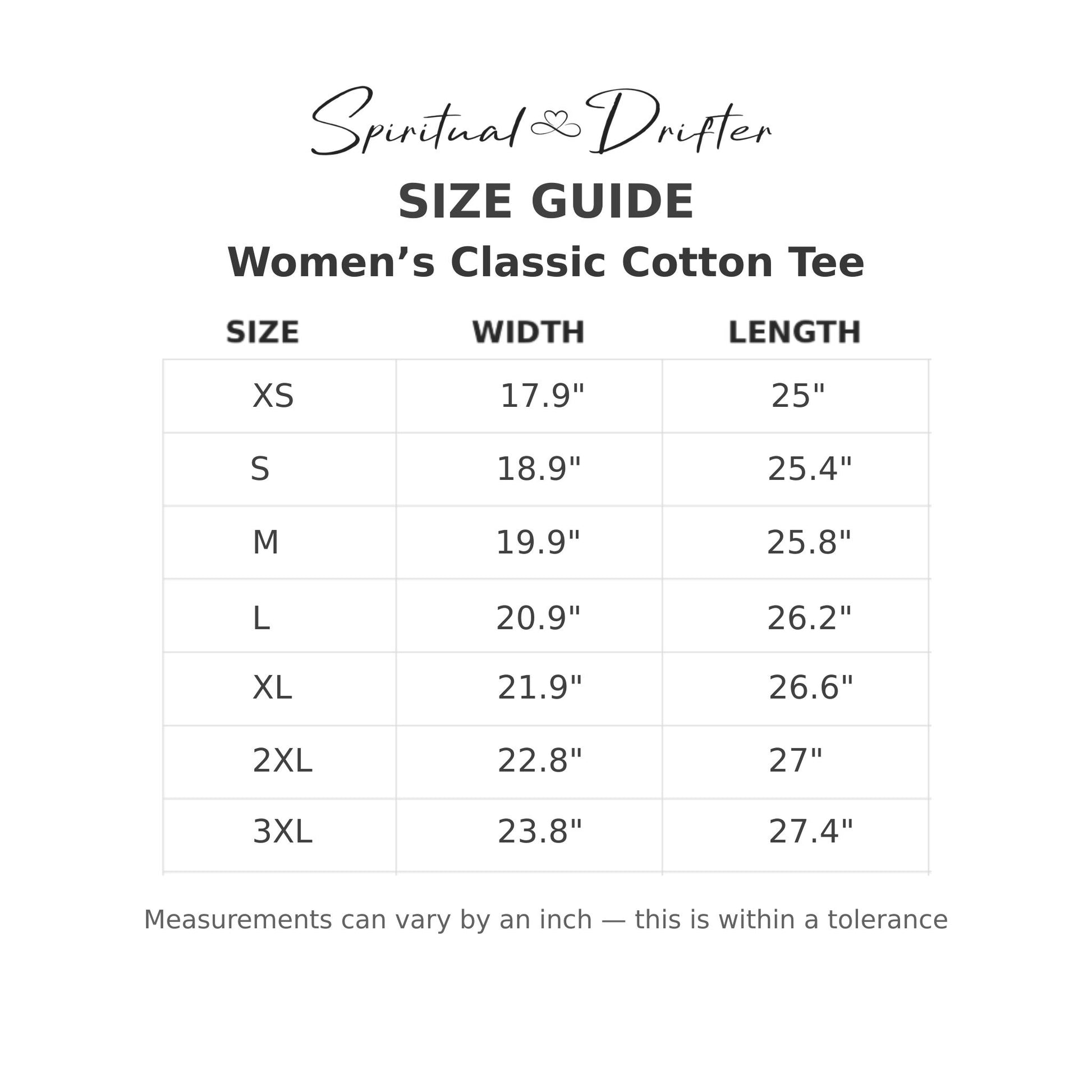 Size guide for Women's Classic Cotton Tee by Spiritual Drifter with measurements in inches.