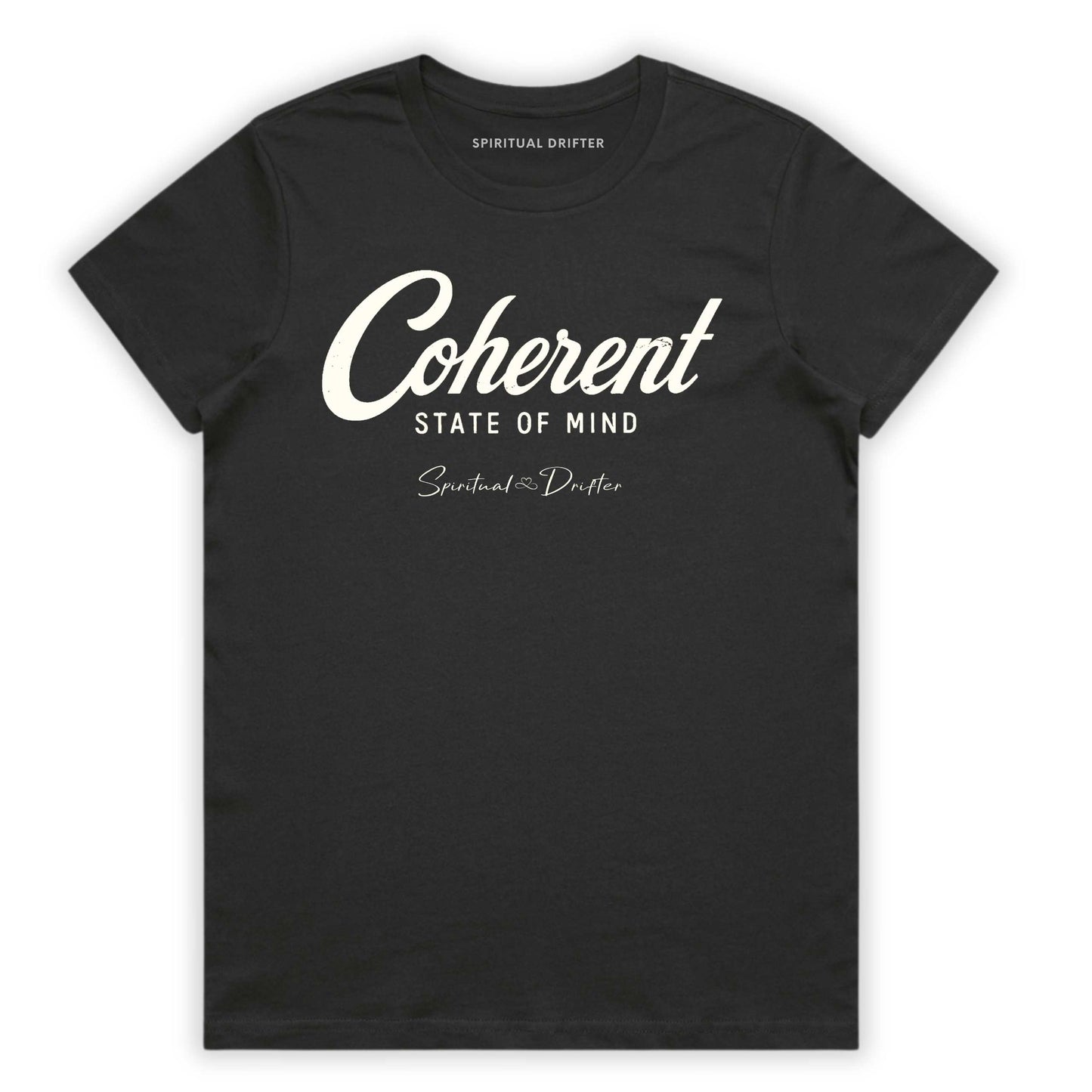 Women's Classic Cotton - Coherent State of Mind T-Shirt in charcoal gray – spiritual graphic t-shirt for meditation, mindfulness, conscious living, personal growth, yoga lifestyle, and aligned everyday fashion.