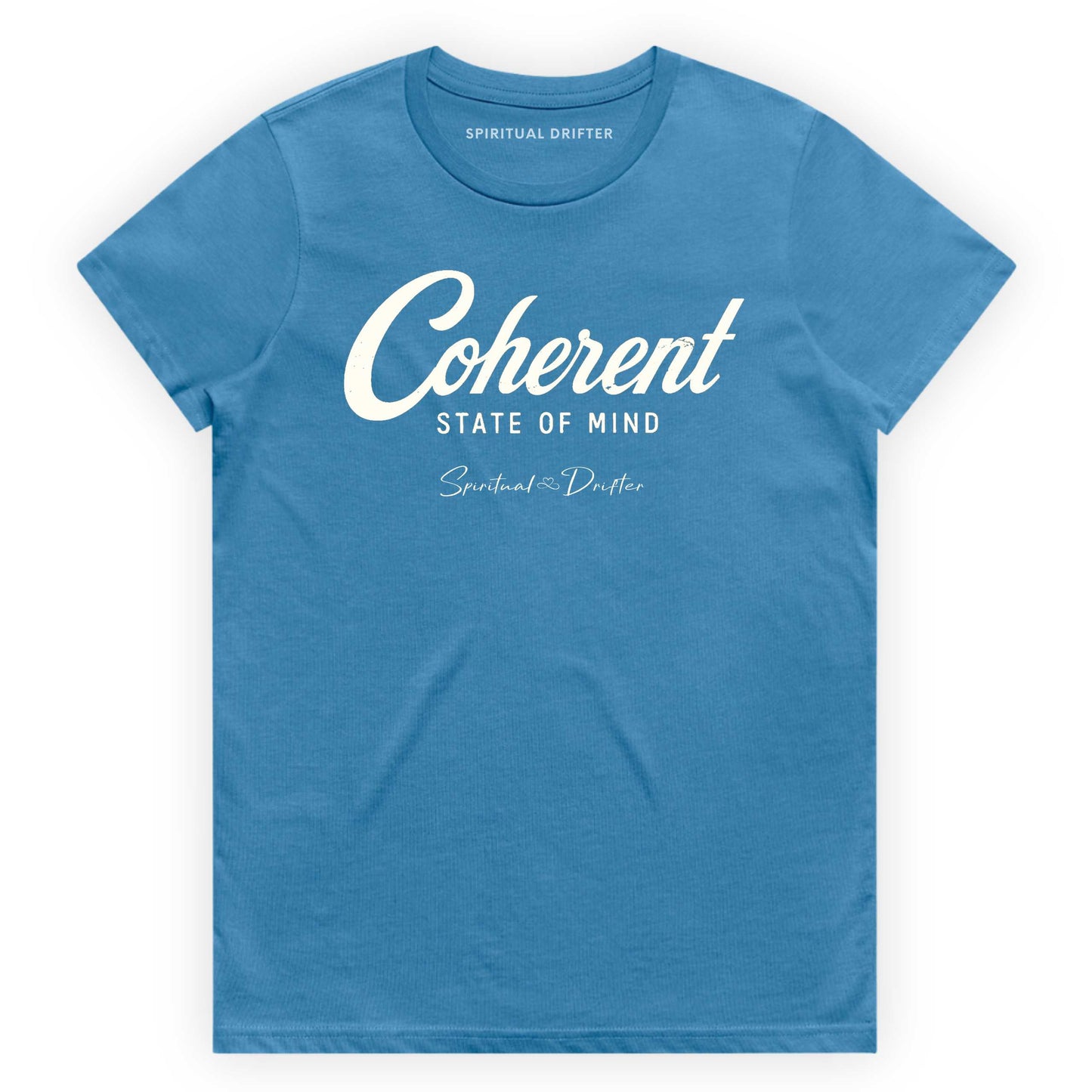 Women's Classic Cotton - Coherent State of Mind T-Shirt in hydro blue - spiritual graphic t-shirt for meditation, mindfulness, conscious living, personal growth, yoga lifestyle, and aligned everyday fashion.