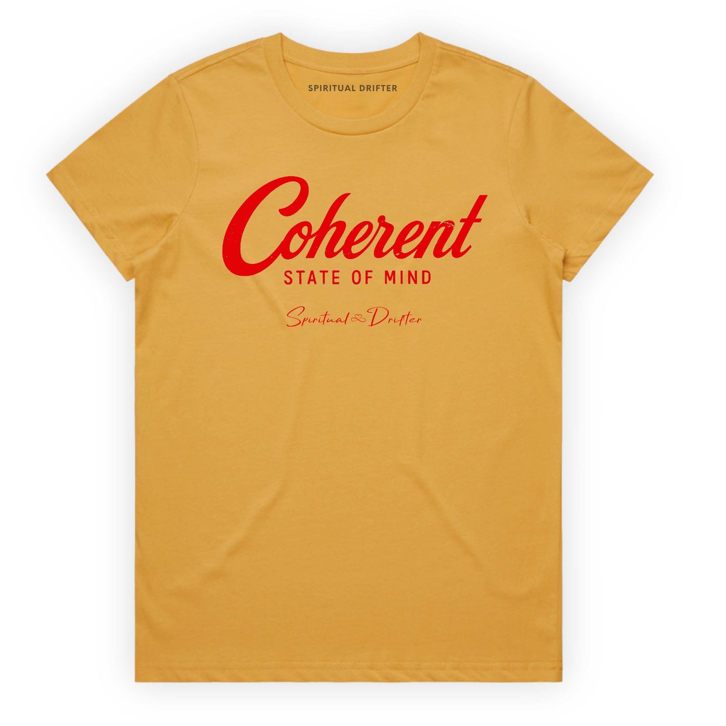Women's Classic Cotton - Coherent State of Mind T-Shirt in mustard yellow - spiritual graphic t-shirt for meditation, mindfulness, conscious living, personal growth, yoga lifestyle, and aligned everyday fashion.